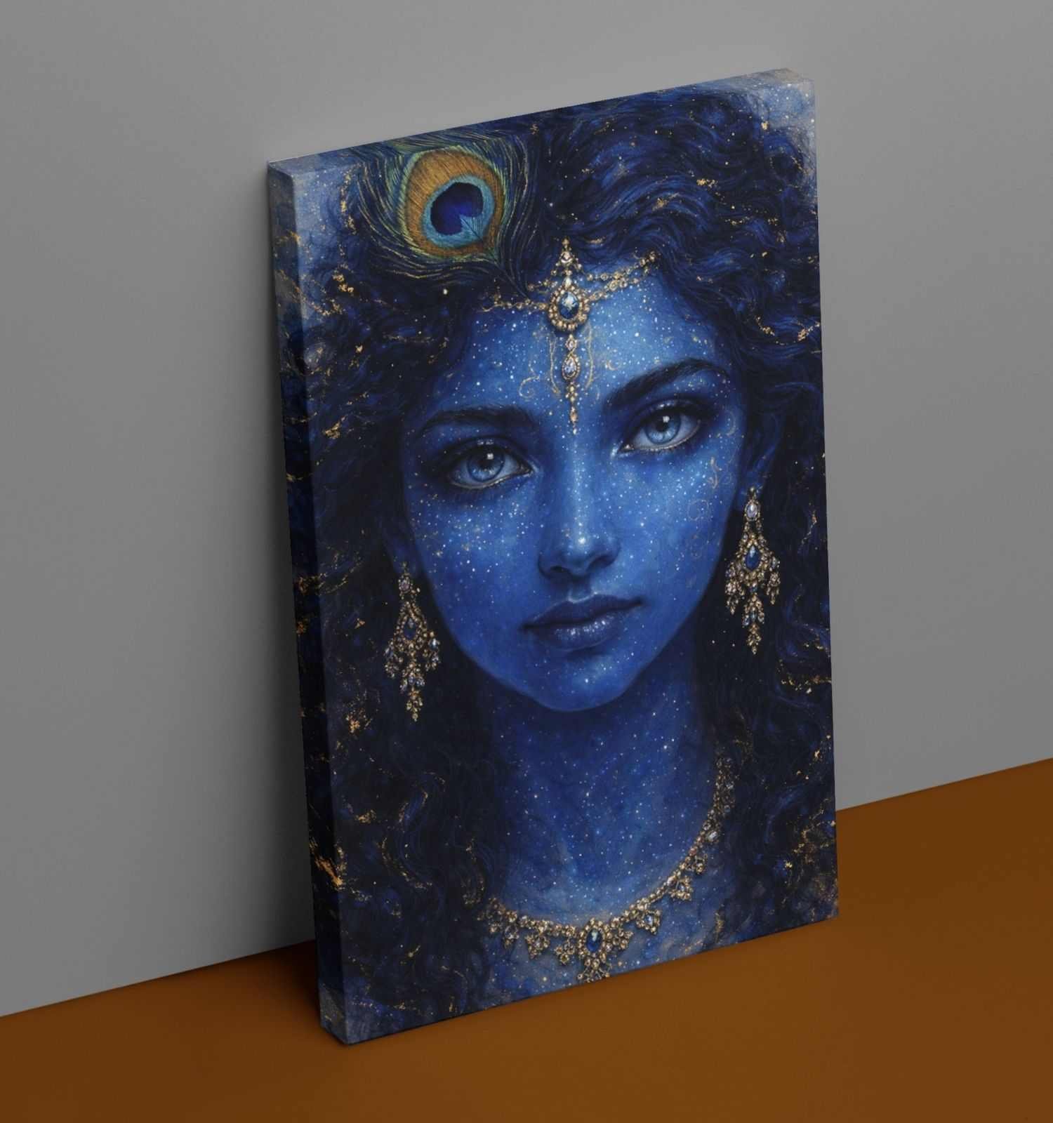 Beautiful Radha Krishna Painting in Cosmic Blue | Lord Krishna Canvas Painting with Peacock Feather and Starry Texture by KunjCart 