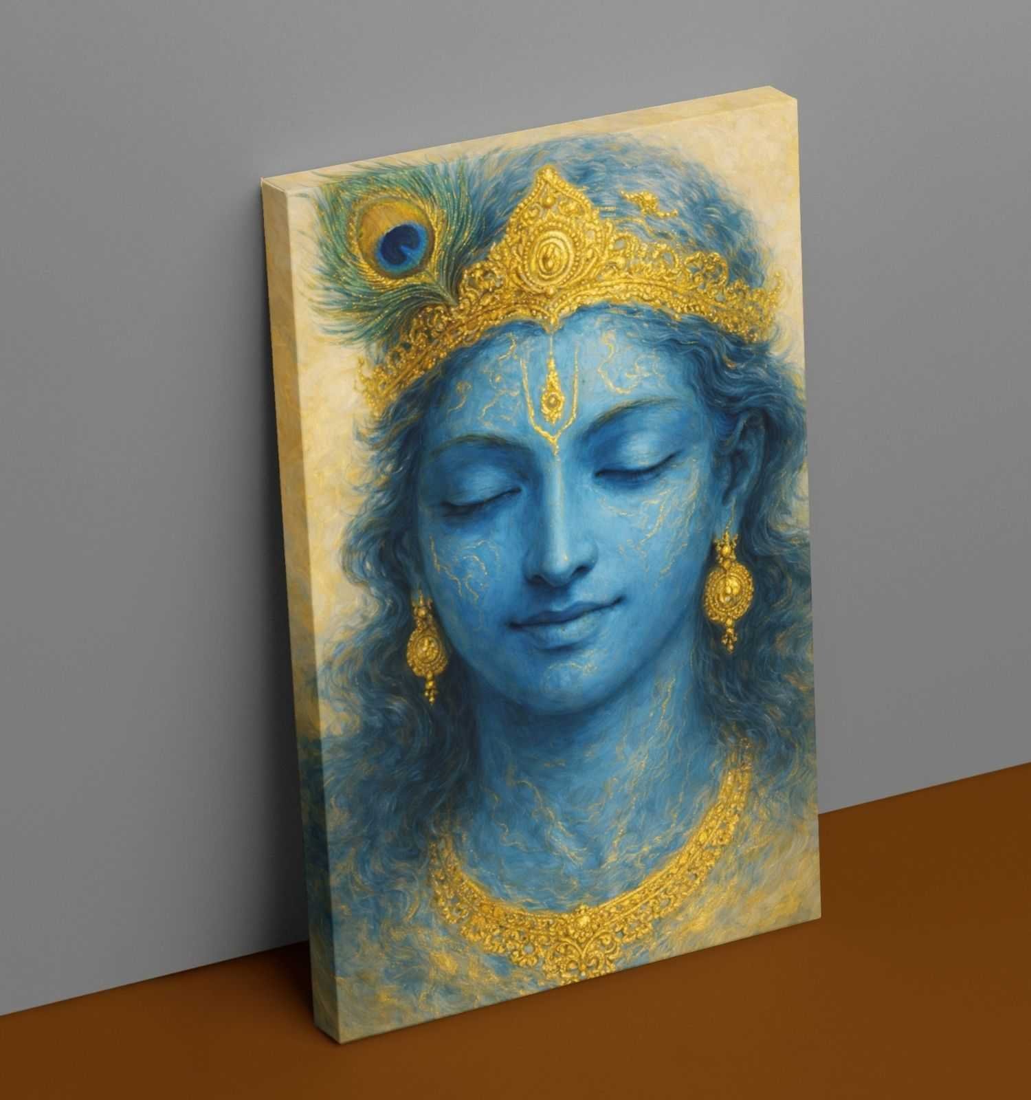 Beautiful Radha Krishna Painting in Calm Blue & Gold Texture | Lord Krishna Canvas Painting with Peacock Feather | KunjCart Krishna Painting for Bedroom Wall