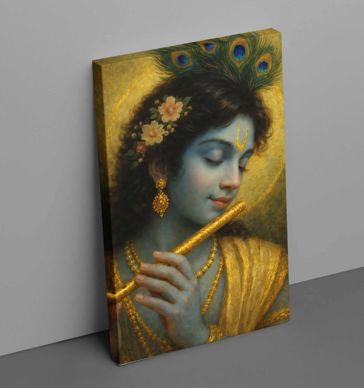 KunjCart Premium Beautiful Krishna Painting on Canvas with Flute & Peacock Feather | Lord Krishna Canvas Painting for Bedroom Wall