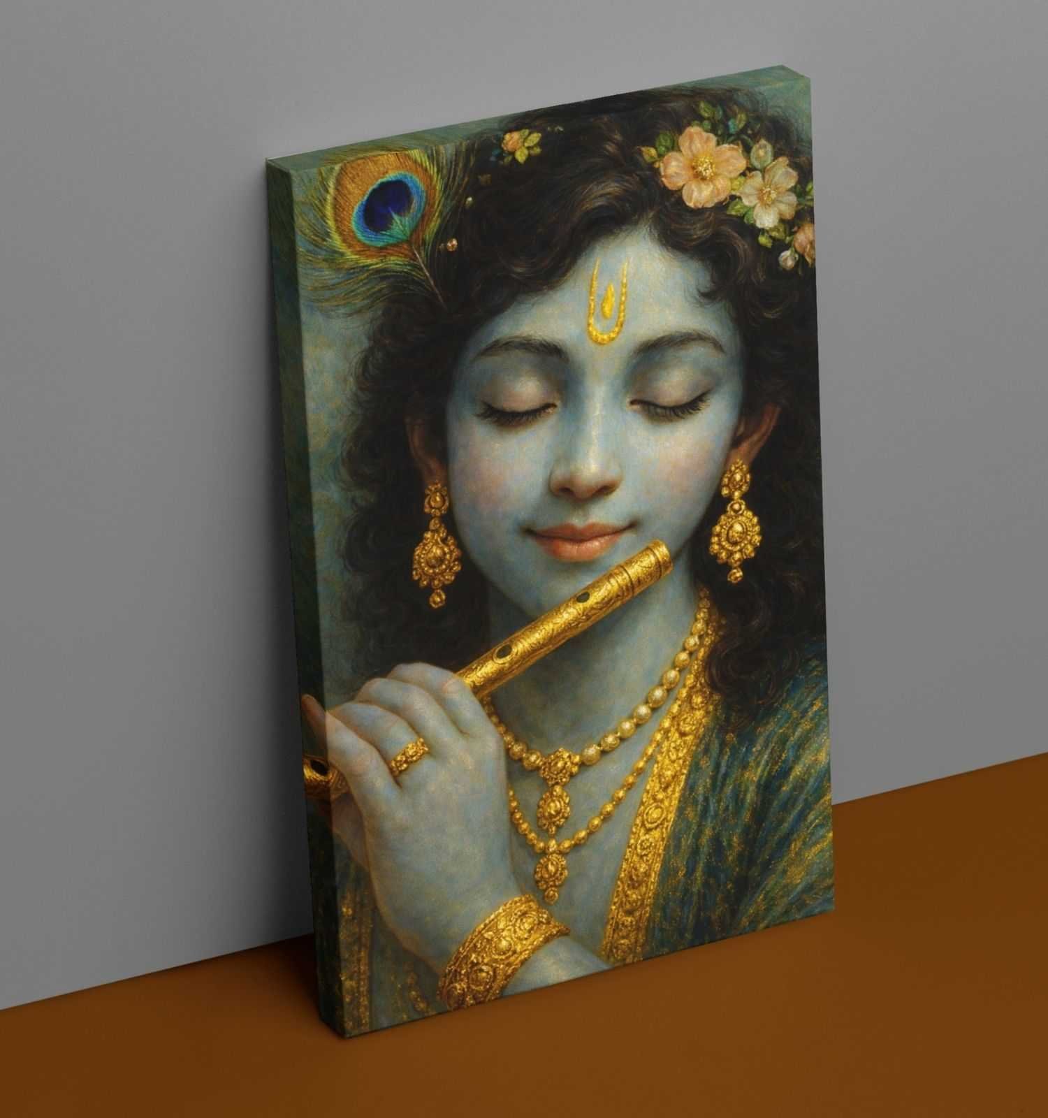 Modern Art Krishna Painting | Blue-Toned Sri Krishna Playing Flute with Peacock Feather & Floral Crown | HD Krishna Wall Painting