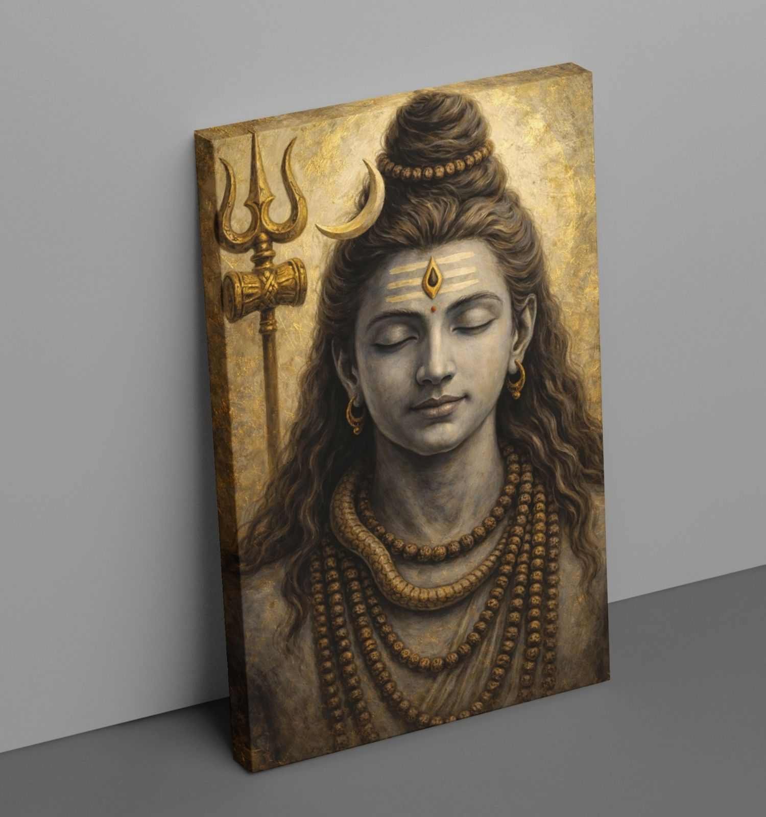 Lord Shiva Painting on Canvas | Meditative Mahadev Wall Art with Trishul, Moon & Snake | Shiva Abstract Painting
