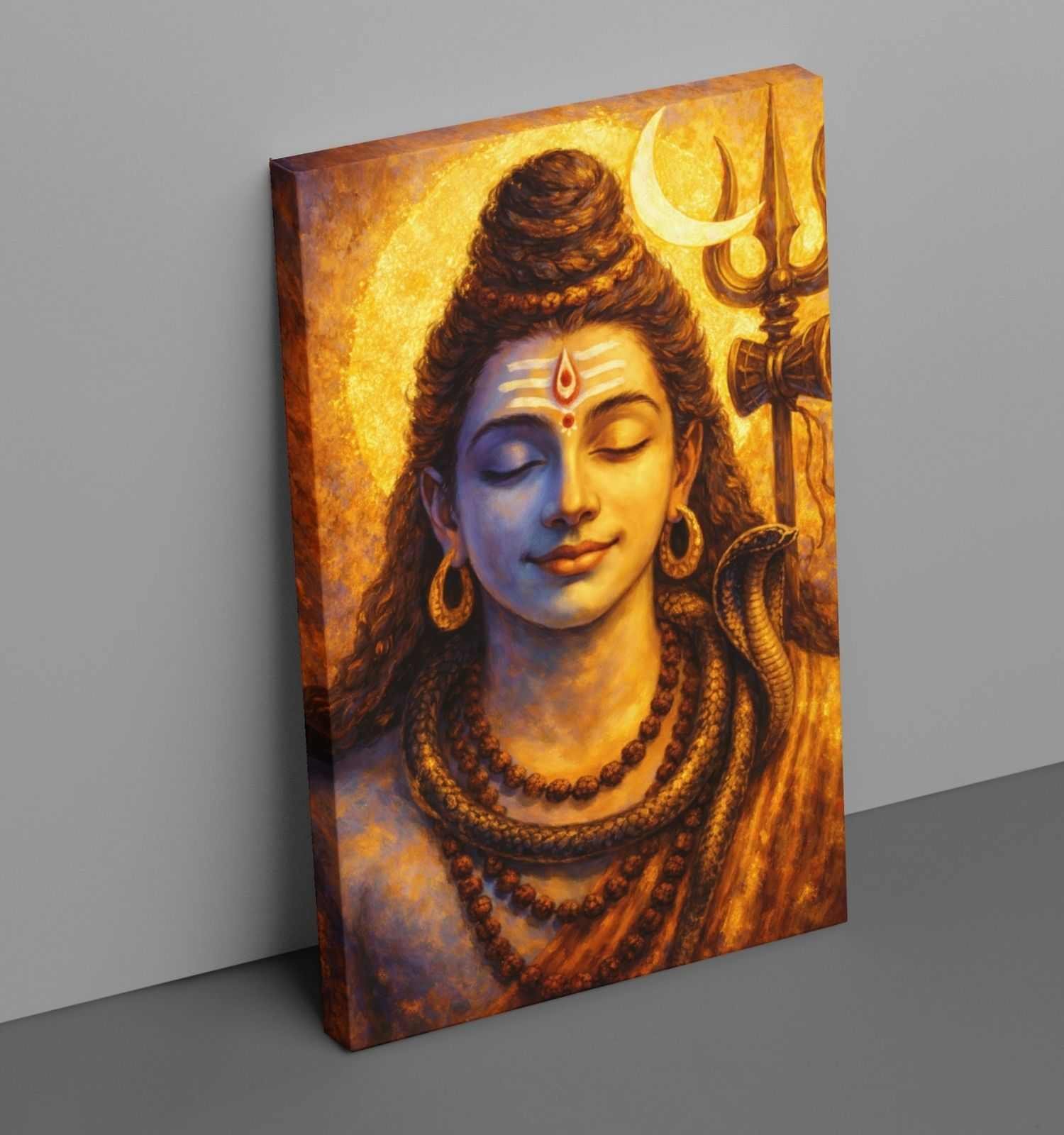 Lord Shiva Wall Painting on Canvas | Vibrant Blue-Orange Abstract Art with Crescent Moon, Trishul & Snake | Shiva Painting Gift for Home & Office Decor
