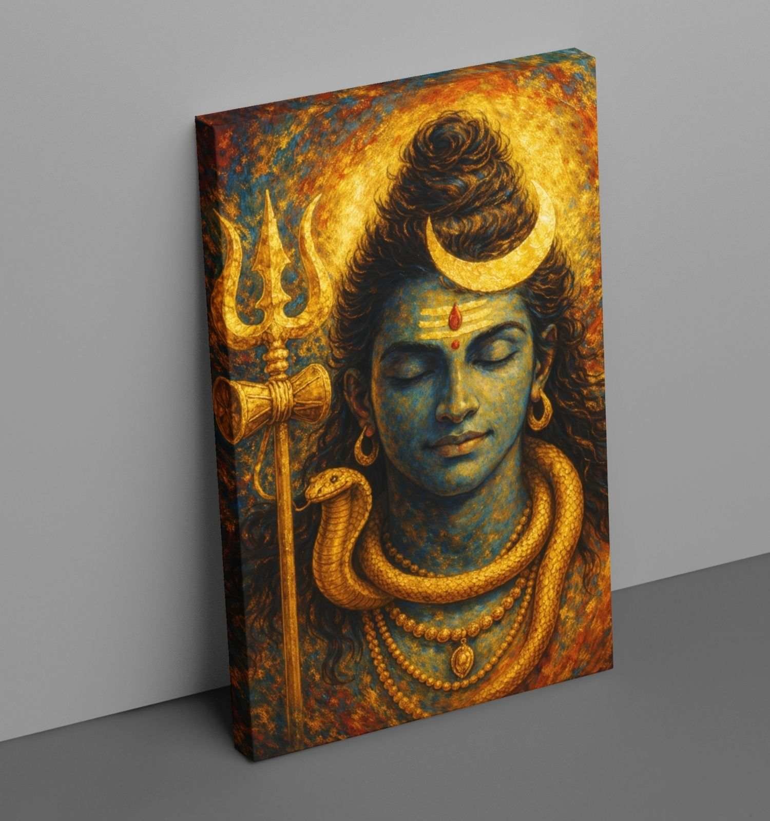 Lord Shiva Wall Painting on Canvas with Trishul | Spiritual Abstract Art with Blue & Saffron Tones | HD Waterproof Handmade Look