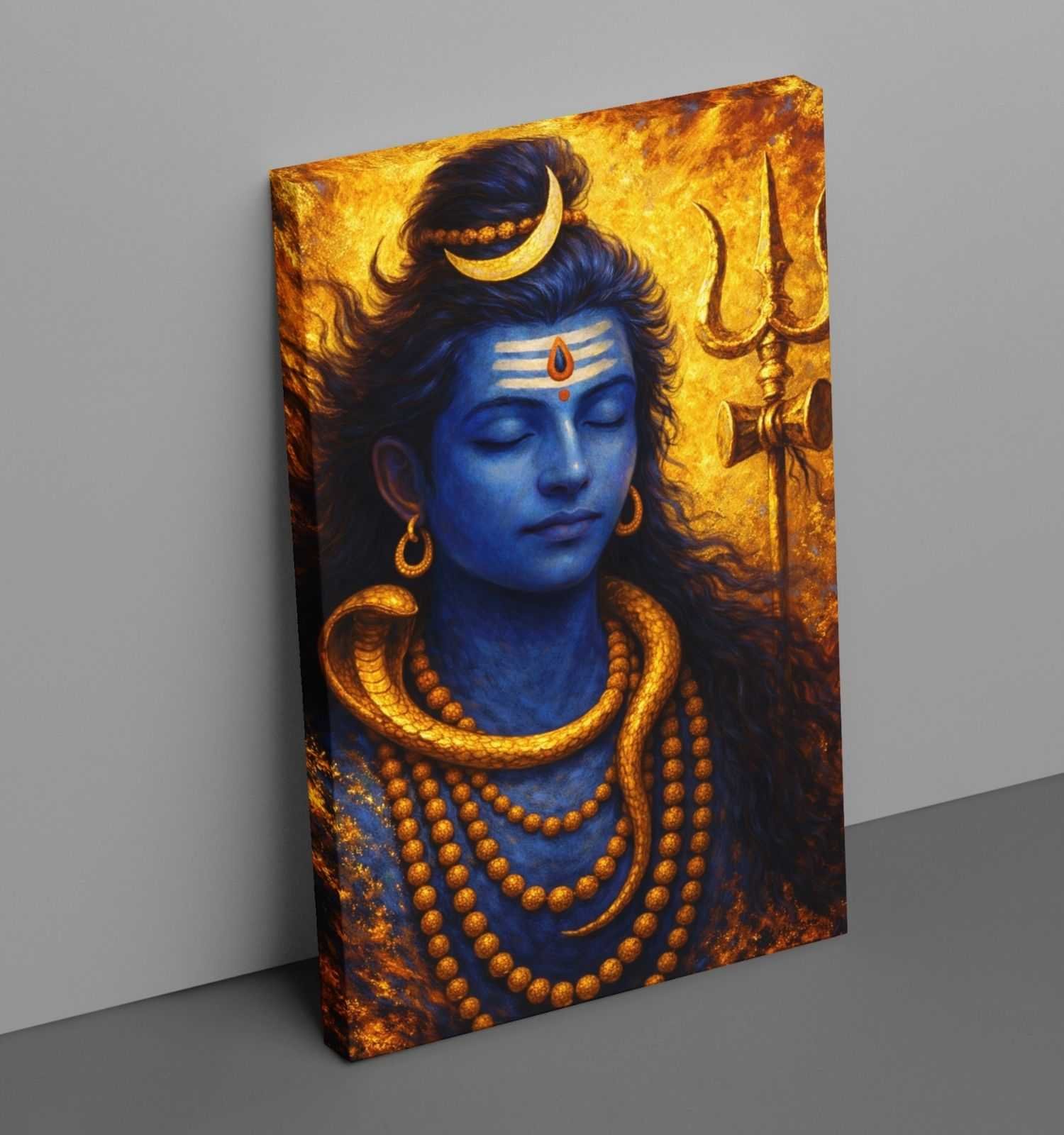 Lord Shiva Wall Painting on Canvas | Vibrant Blue & Orange Abstract Artwork with Trishul & Crescent Moon | Shiva Abstract Painting For Home & Office