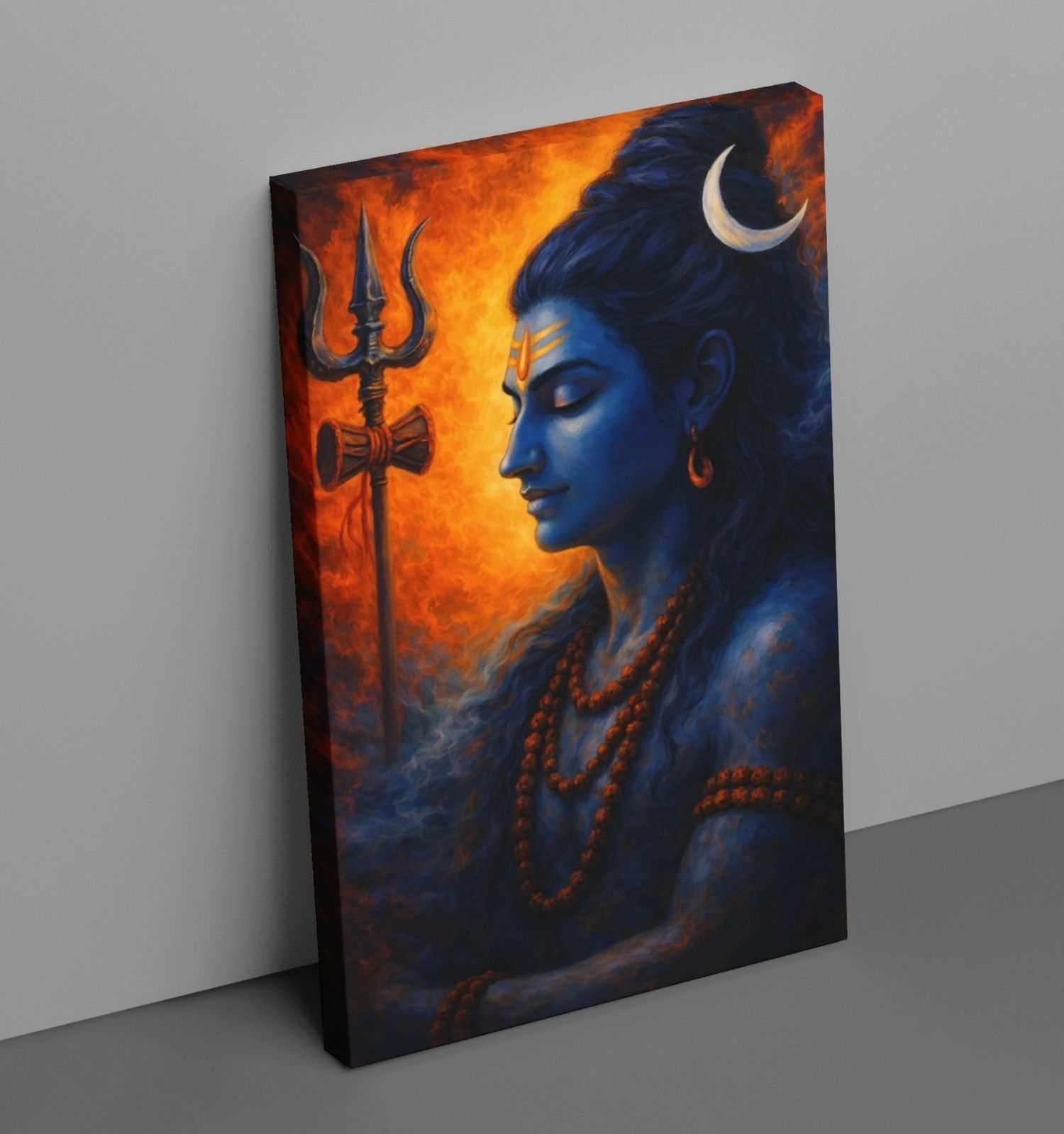 Lord Shiva Painting on Canvas | Mahadev Wall Art with Trishul and Crescent Moon in Fiery Abstract Theme | Spiritual Wall Deco