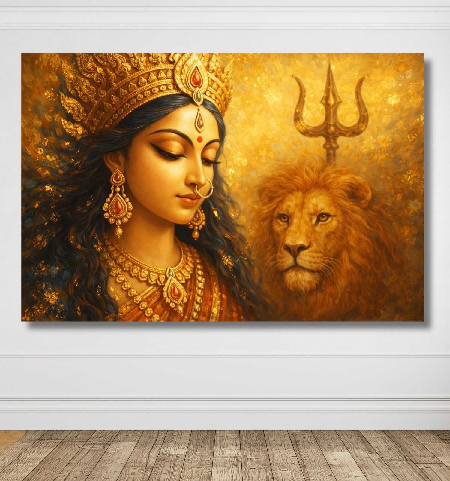 Durga Canvas Painting | Abstract Style Maa Durga Close-Up with Lion and Trishul in Golden Aura 