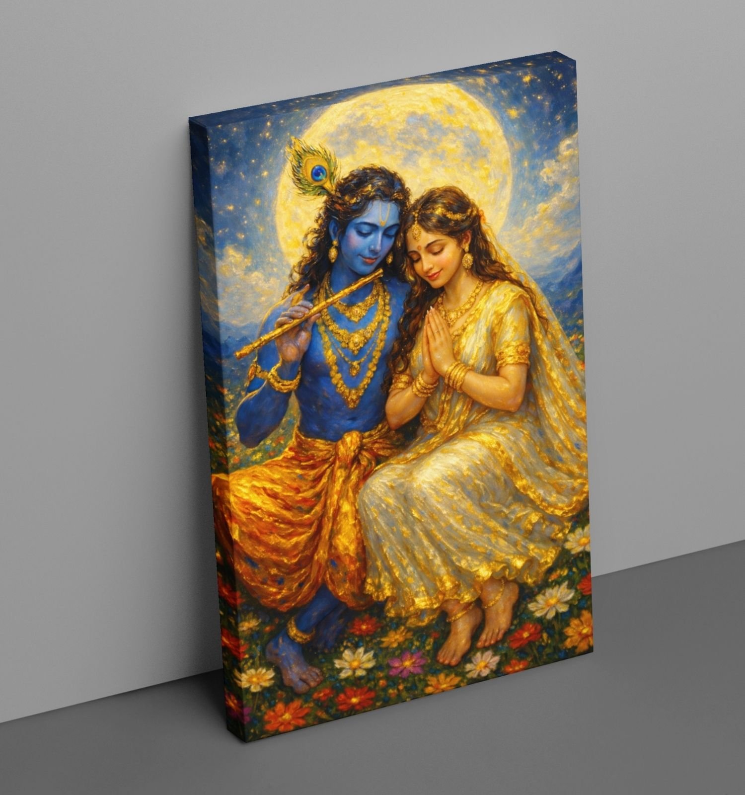 Romantic Radha Krishna Painting on Canvas | Beautiful Couple Sitting Under Full Moon with Flute & Lotus Flowers | Modern Art Radha Krishna Painting 