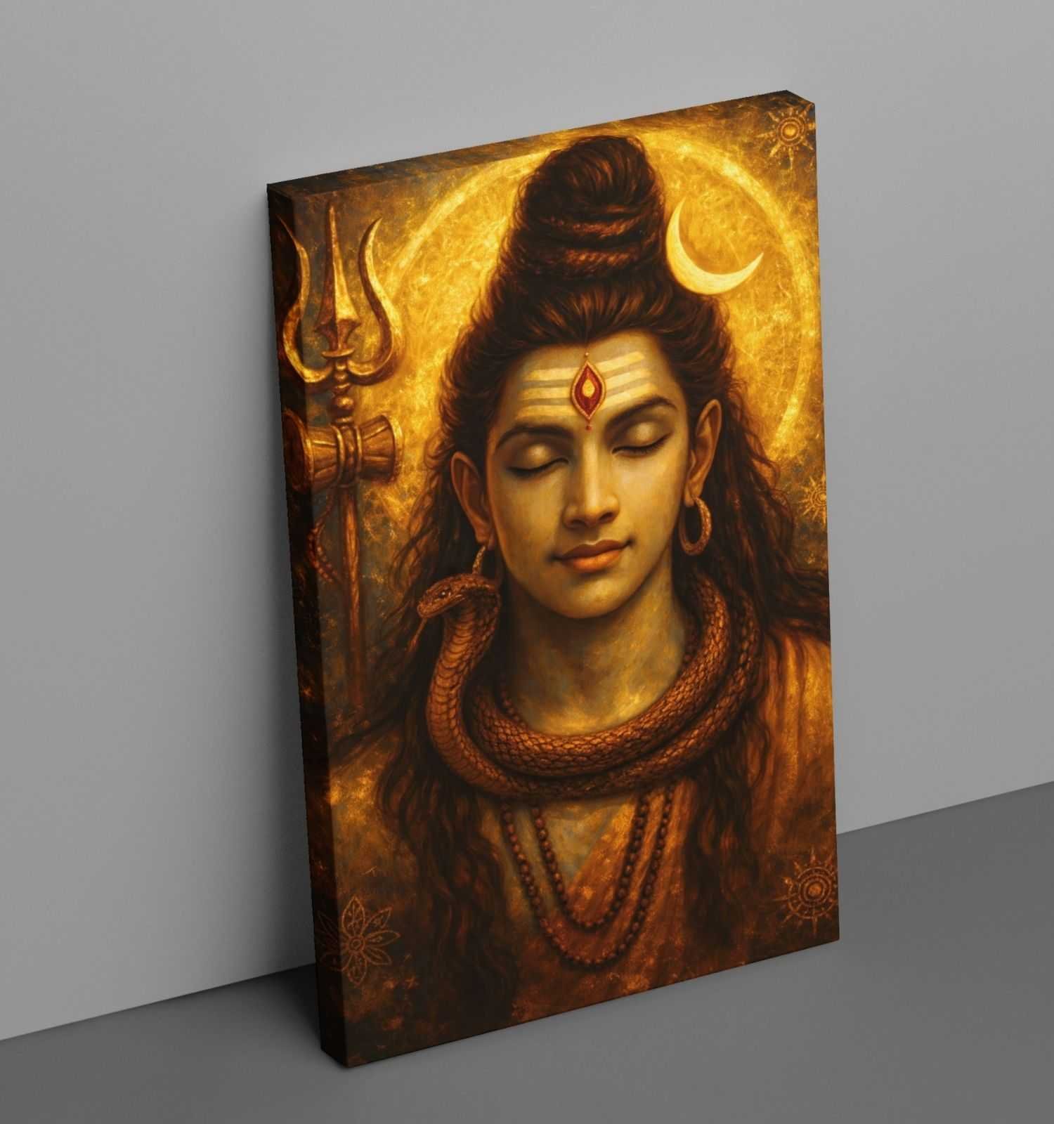 Lord Shiva Painting on Canvas | Mahadev Wall Art in Abstract Dark Tones with Crescent Moon & Trishul | Spiritual Poster for Wall