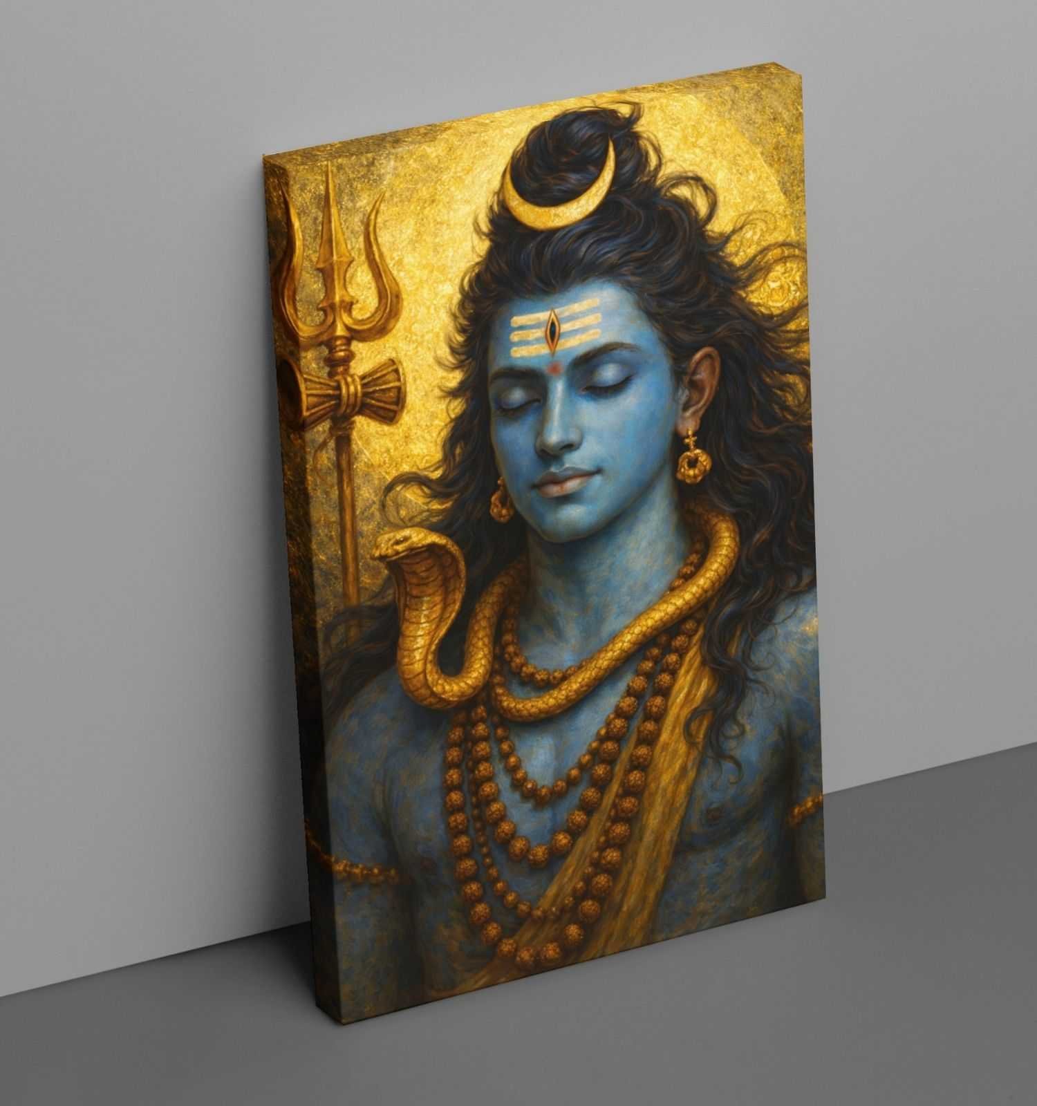 Mahadev Wall Painting | Abstract Lord Shiva Canvas Art with Trishul, Crescent Moon & Snake | Premium Hindu Spiritual Poster