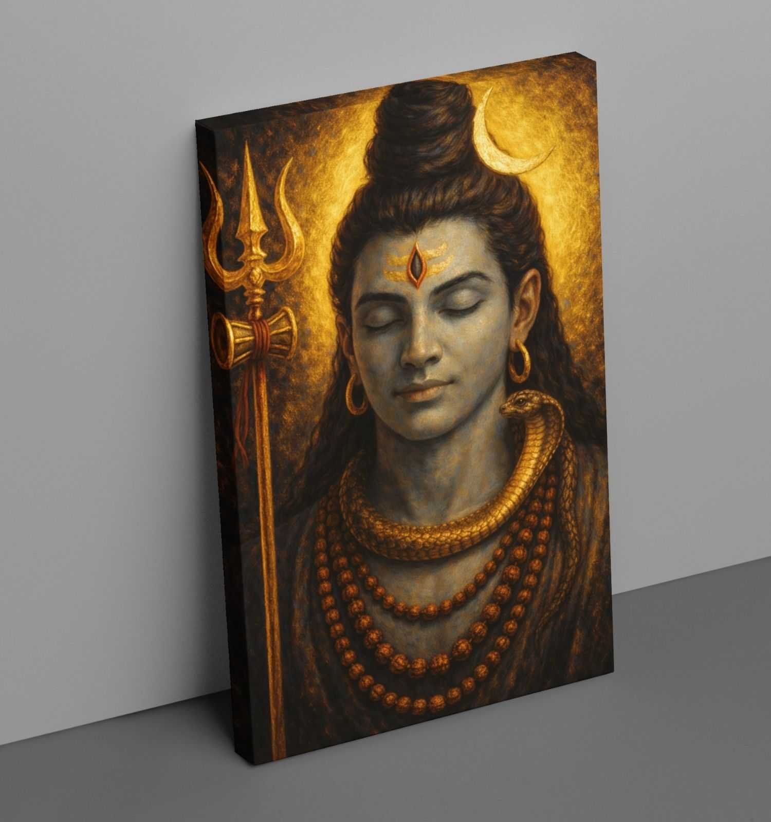 Lord Shiva Wall Painting on Canvas | Spiritual Abstract Art in Earthy Tones with Crescent Moon, Trishul & Rudraksha | Handmade Finish Shiva Painting