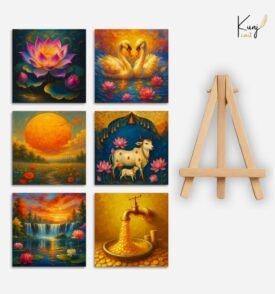 Vastu Mini Painting Set of 6 with 1 Wooden Easel Stand (4x4 inch Paintings) Mini Painting With Vastu Inspired Art for Home & Desk Décor | Ideal Gift Item