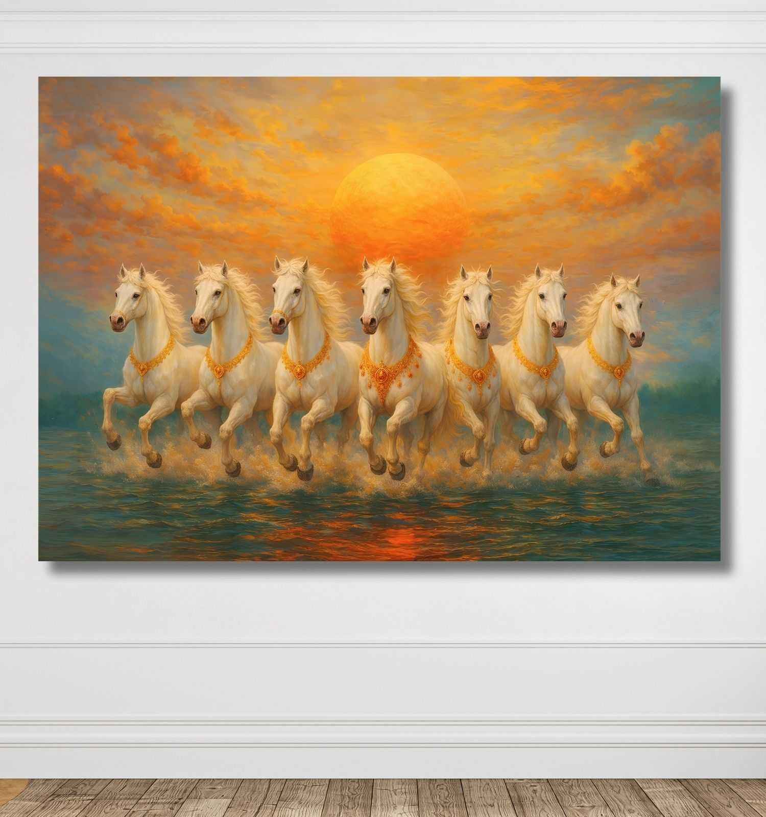 KUNJ CART - 7 Horse Vastu Painting with Golden Sunset | White 7 Running Horses Painting for Vastu | Seven Horse Canvas Painting for Living Room