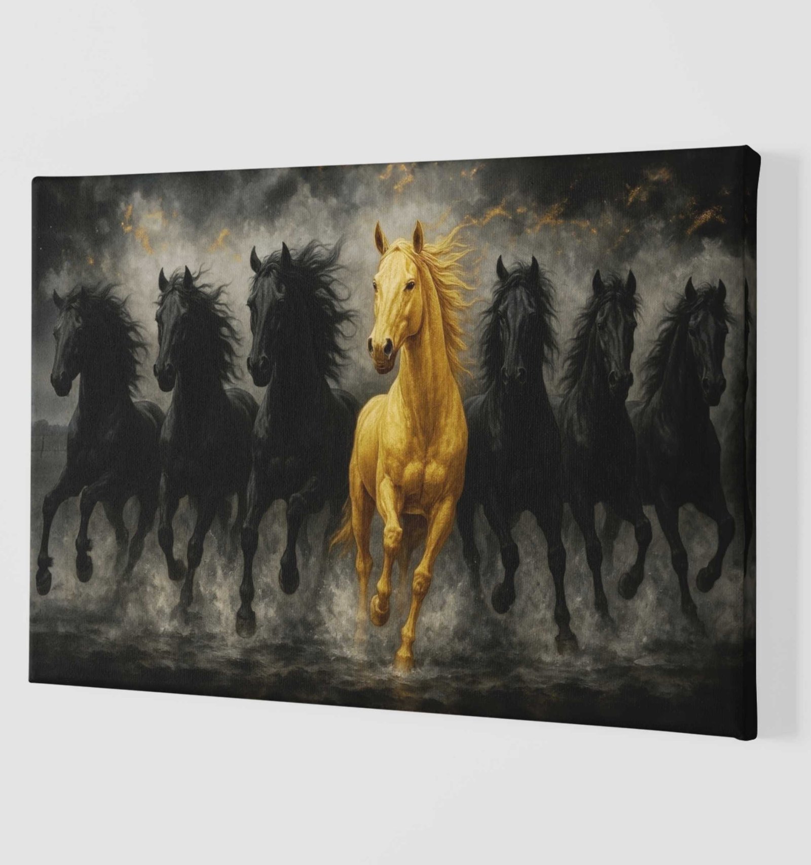 7 horses painting, Black and golden royal horse2