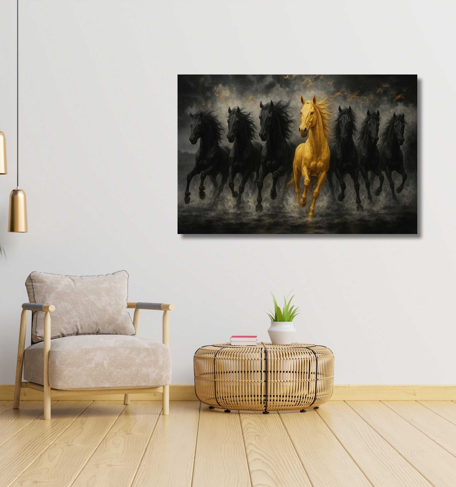 7 horses painting, Black and golden royal horse2