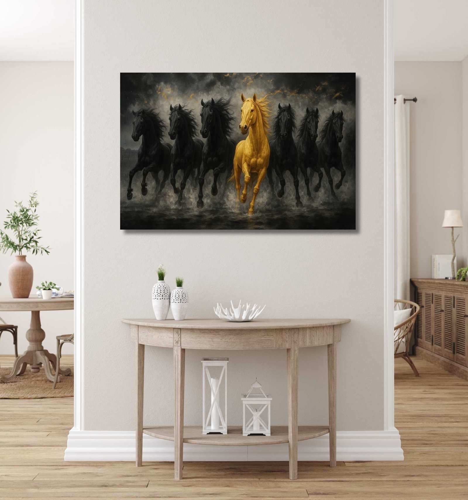 7 horses painting, Black and golden royal horse2
