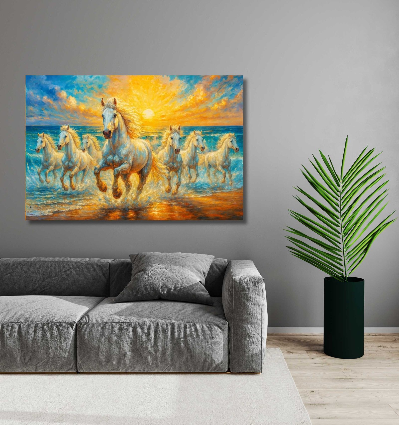 7 Horses Painting with Rising Sun