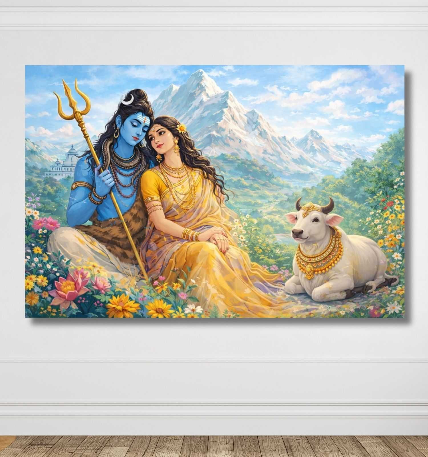 KUNJ CART - Shiv Parvati Canvas Painting | Modern Art Shiv Parvati Abstract Painting with Golden Background & Trishul