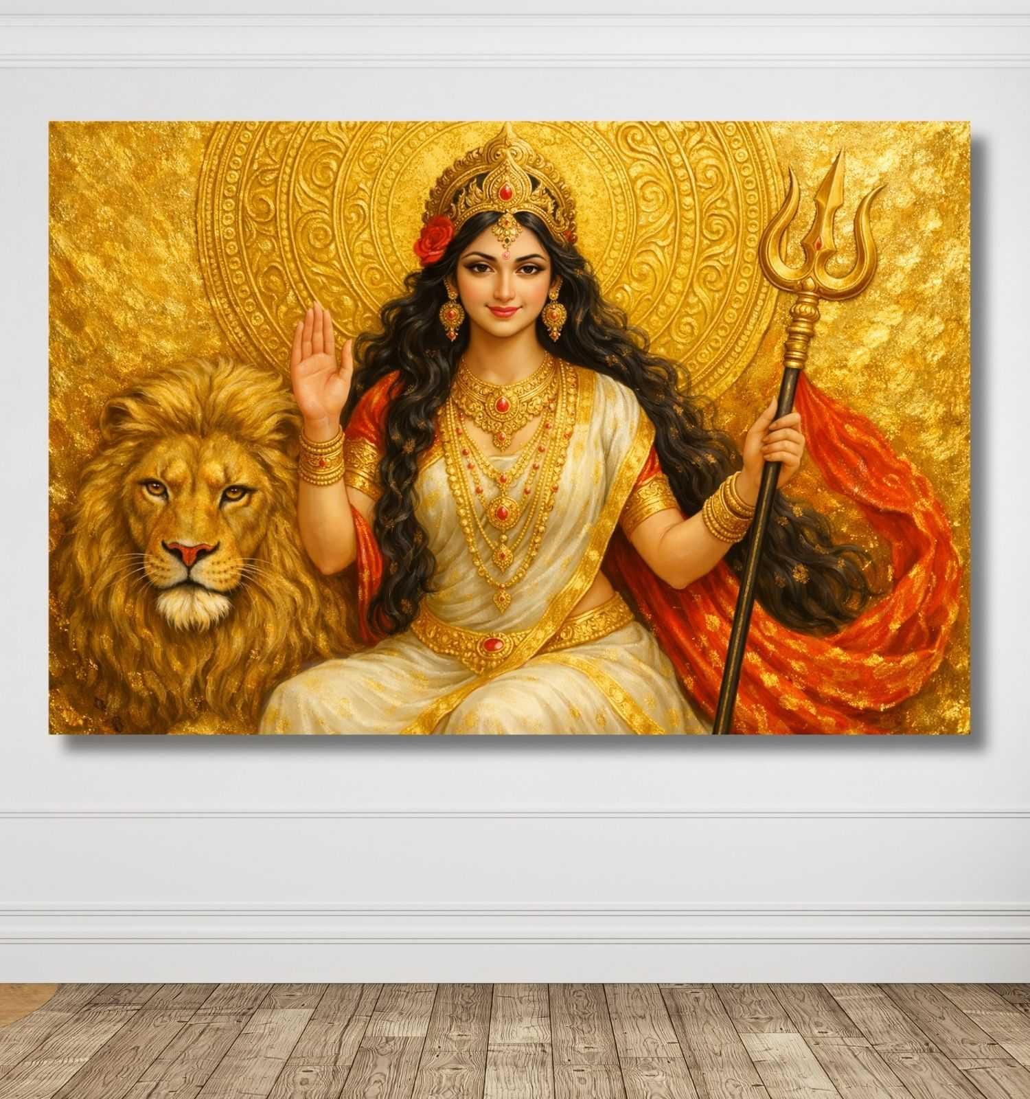 Maa Durga Abstract Painting | White Saree Durga Maa Painting with Lion & Golden Aura
