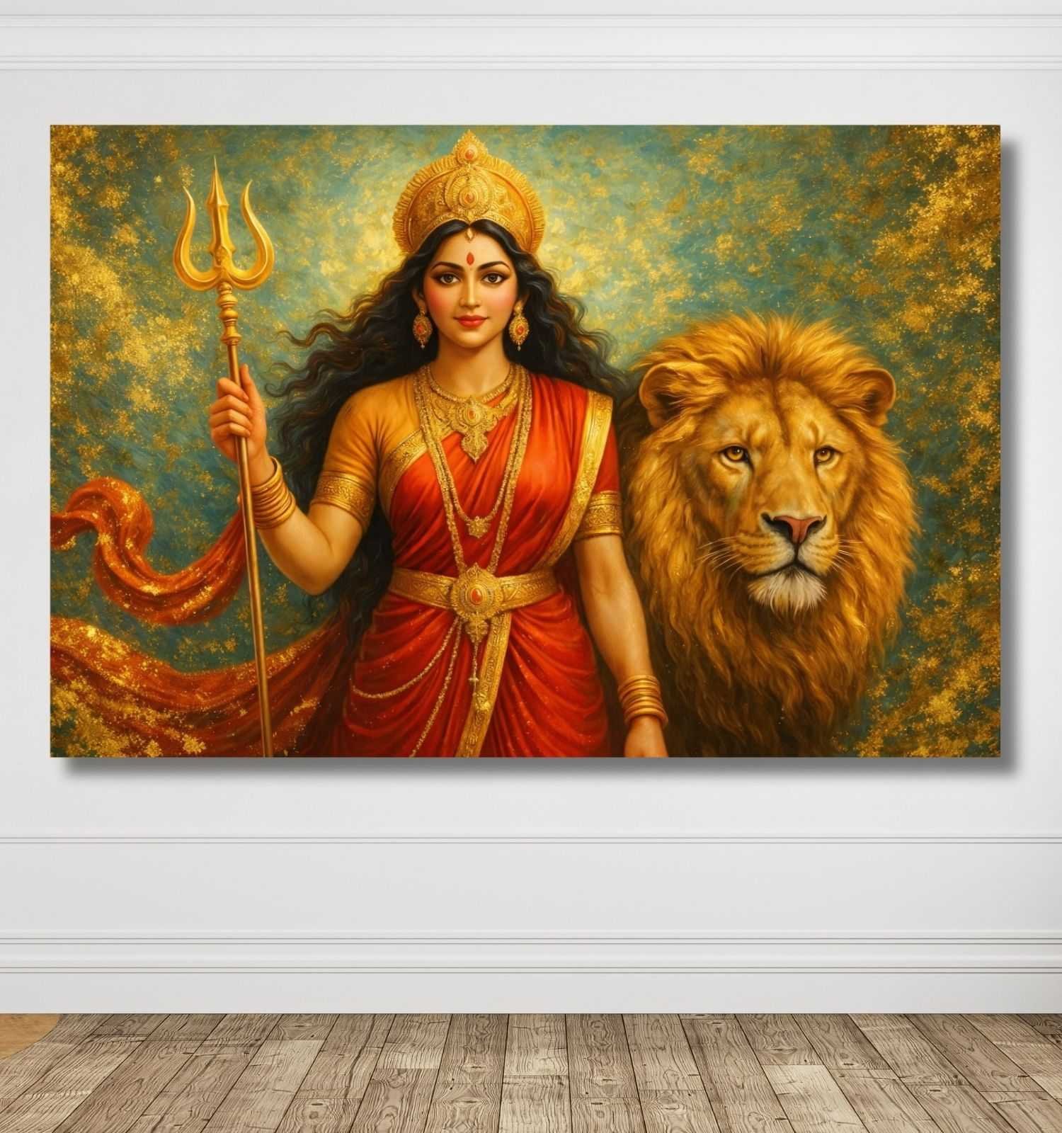 KUNJ CART Maa Durga Painting | Abstract Durga Maa Painting on Canvas with Lion & Trishul