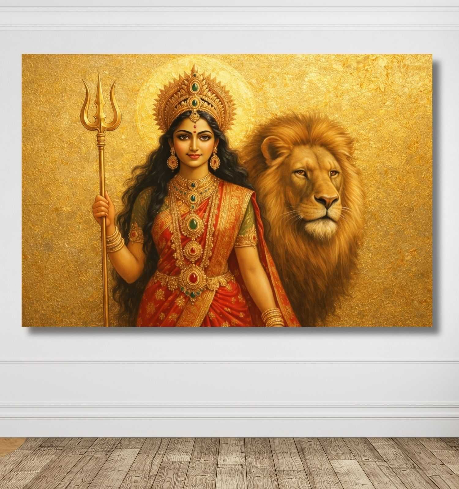 Maa Durga Painting | Divine Red Saree Durga Maa Painting with Trishul & Lion | Abstract Durga Painting