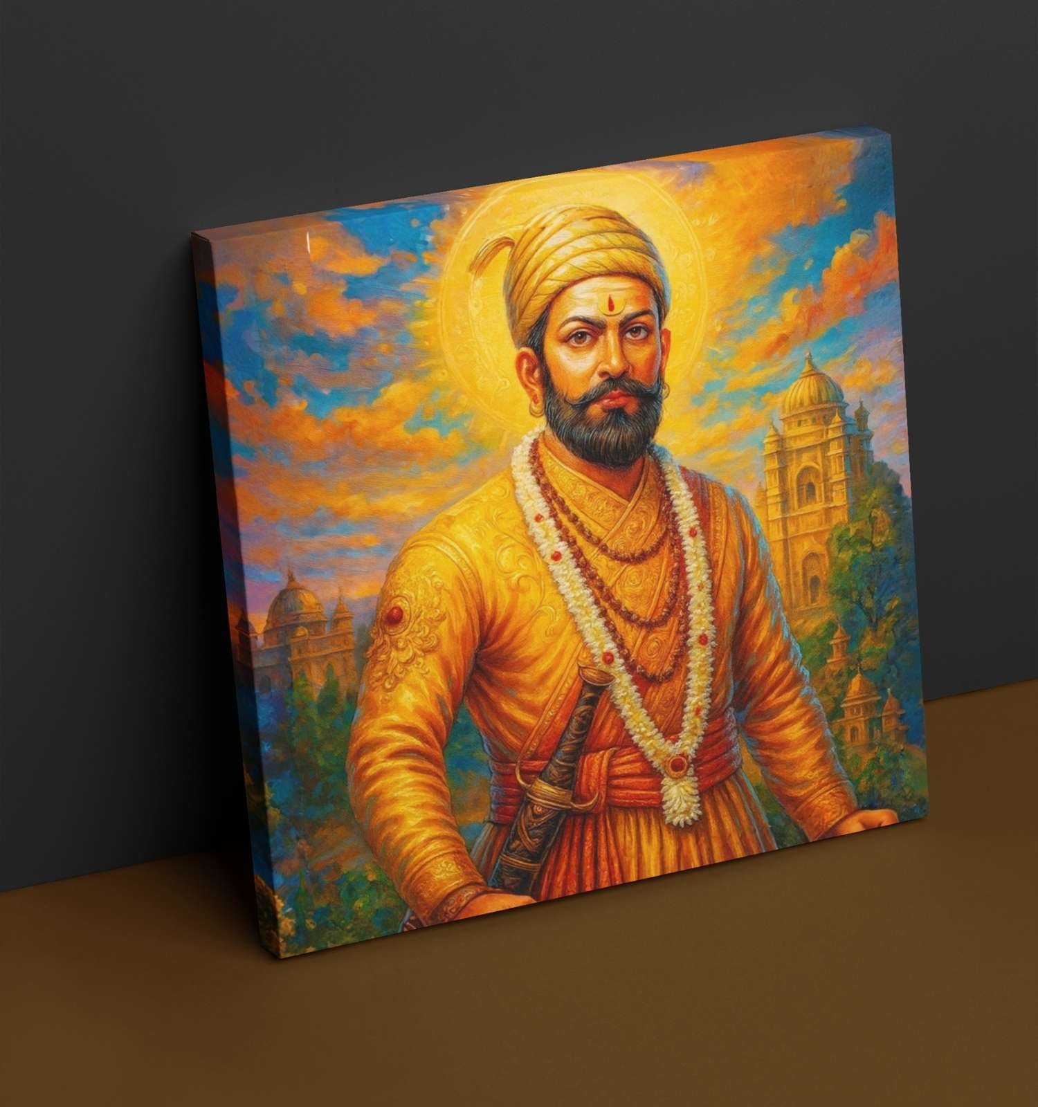 KUNJ CART Shivaji Maharaj Painting | Bright Sunset Theme Shivaji Maharaj Canvas Painting with Golden Aura