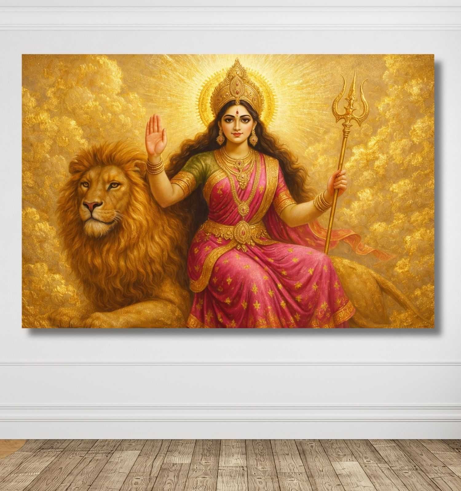 Maa Durga Canvas Painting Wall Art | Abstract Durga Maa Painting on Golden Aura Background for Home Decor