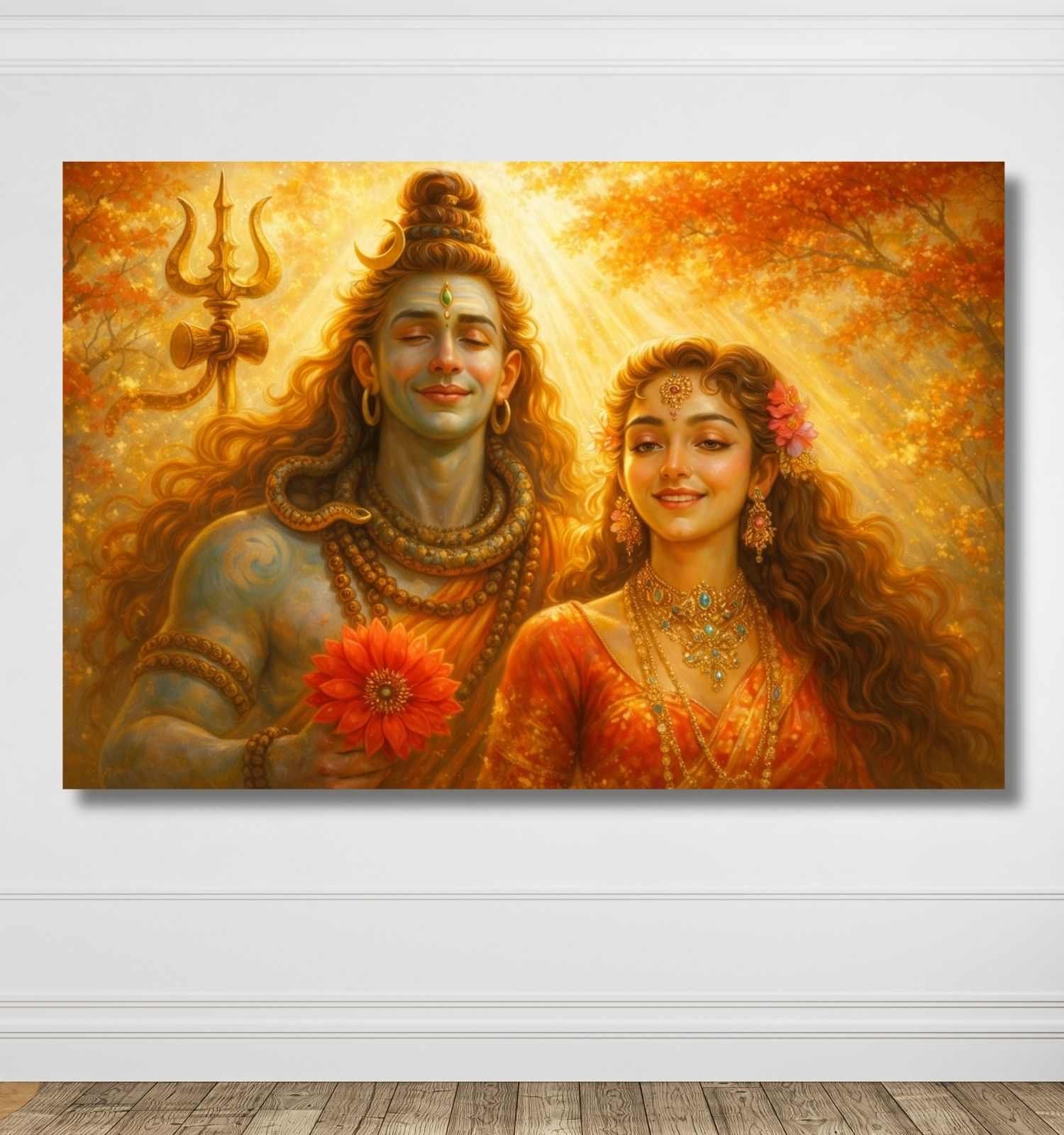 KUNJ CART - Shiv Parvati Painting on Canvas | Modern Art Shiv Parvati Abstract Painting with Golden Sunset & Bright Colors for Home Wall Décor