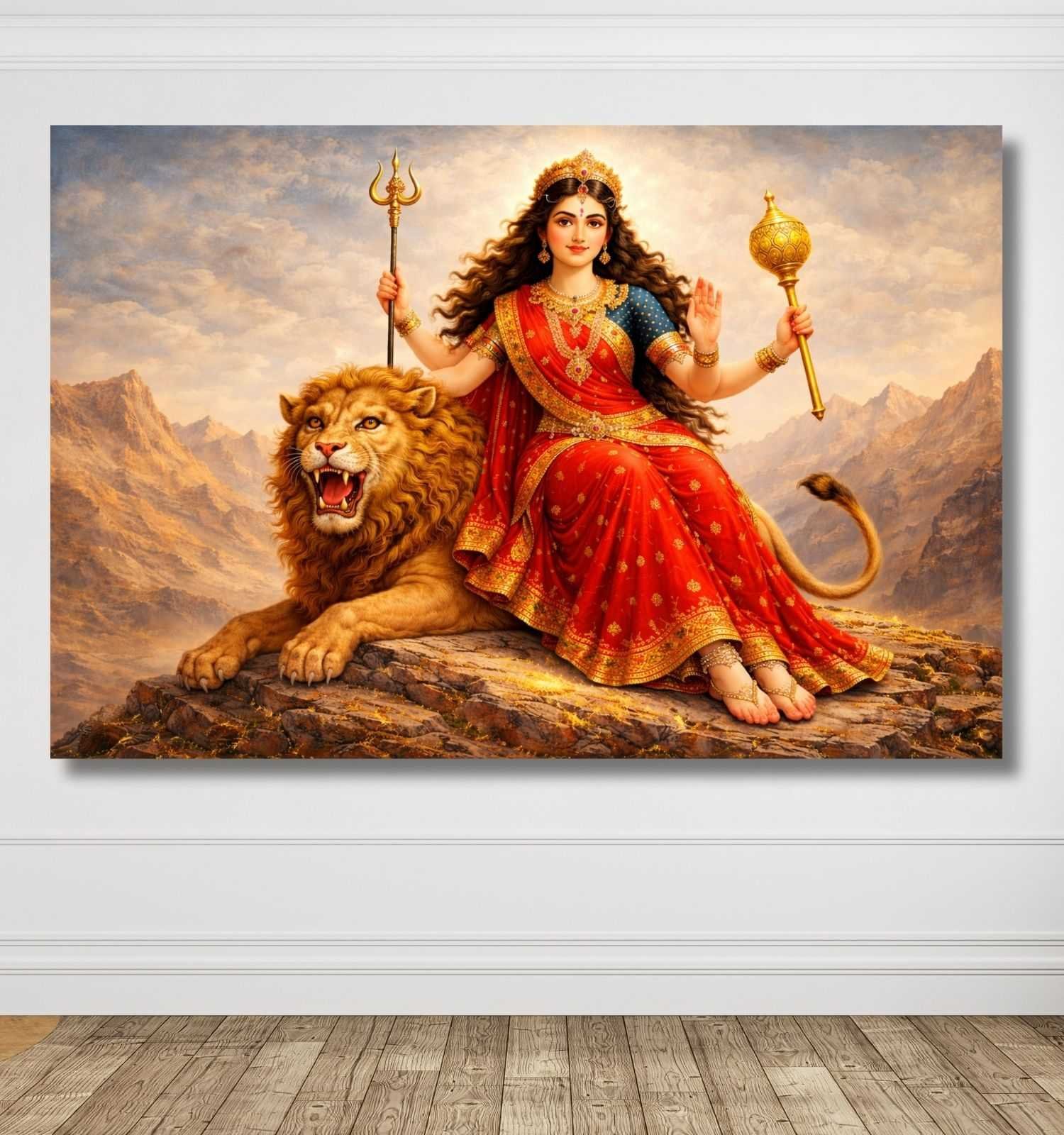 Abstract Durga Painting on Canvas | Divine Durga Canvas Painting with Lion & Trishul | Golden Aura Durga Maa Painting Wall Art for Home Decor