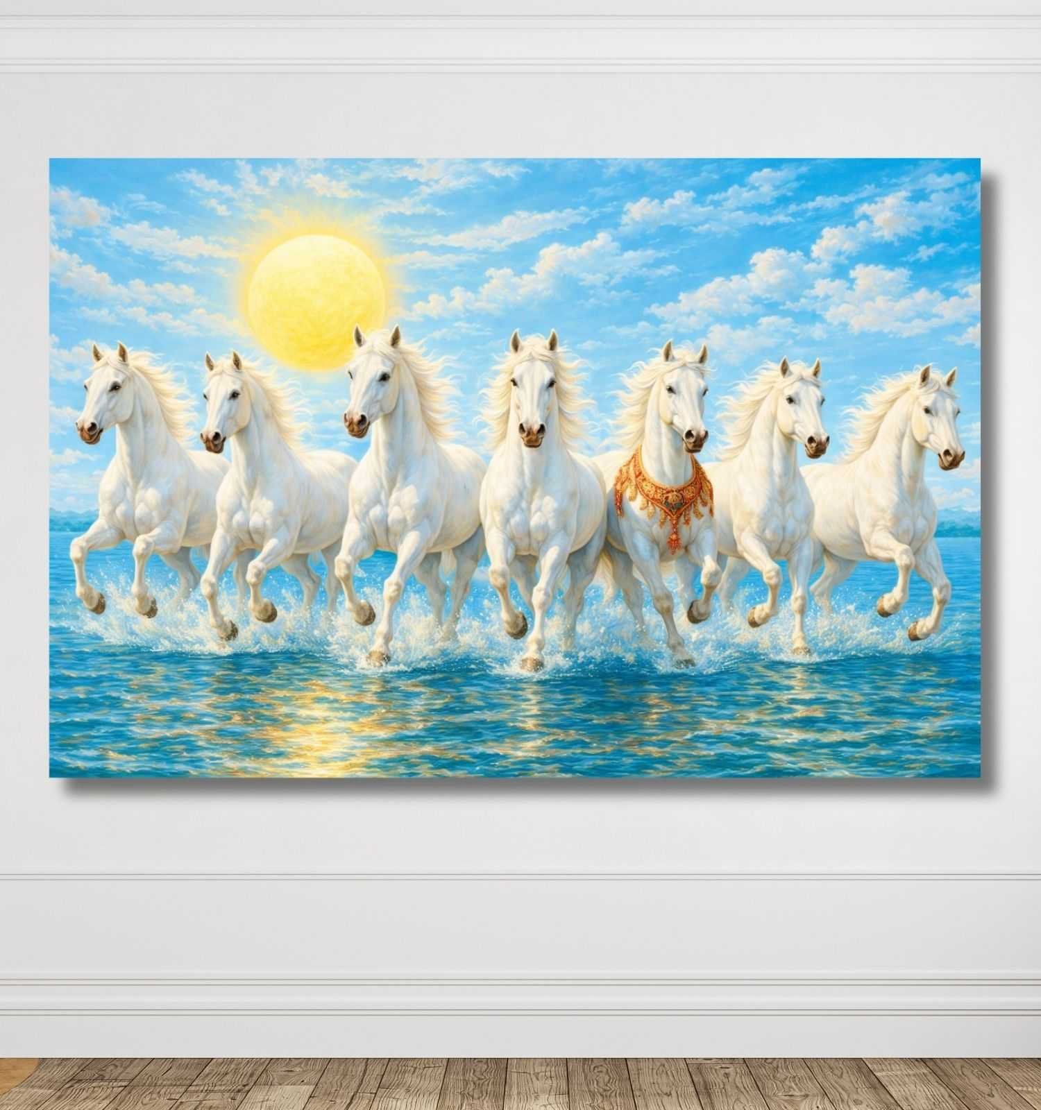 KunjCart Royal White 7 Running Horses Painting with Bright Sun & Ocean Waves, 7 Horses Vastu Painting Canvas Wall Art