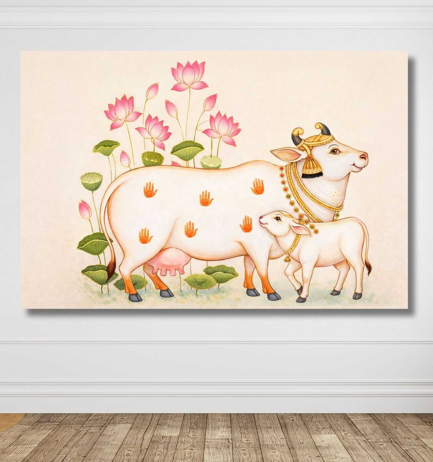 KUNJ CART Kamdhenu Cow Painting Vastu with Calf & Lotus Flowers | Kamdhenu Cow Painting | Cow Painting for Wall Decoration