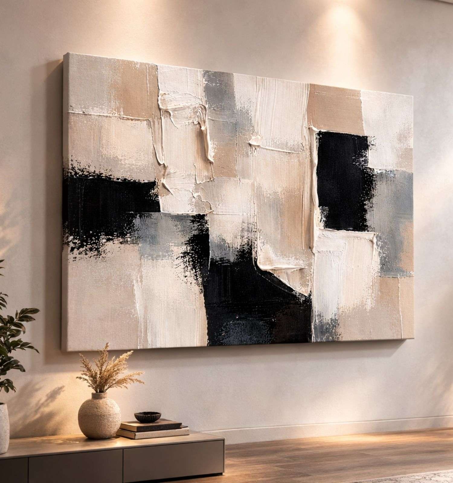 Black Beige Texture Abstract Painting | Modern Abstract Painting For Living Room | Minimalist Abstract Canvas Painting Wall Art by KunjCart