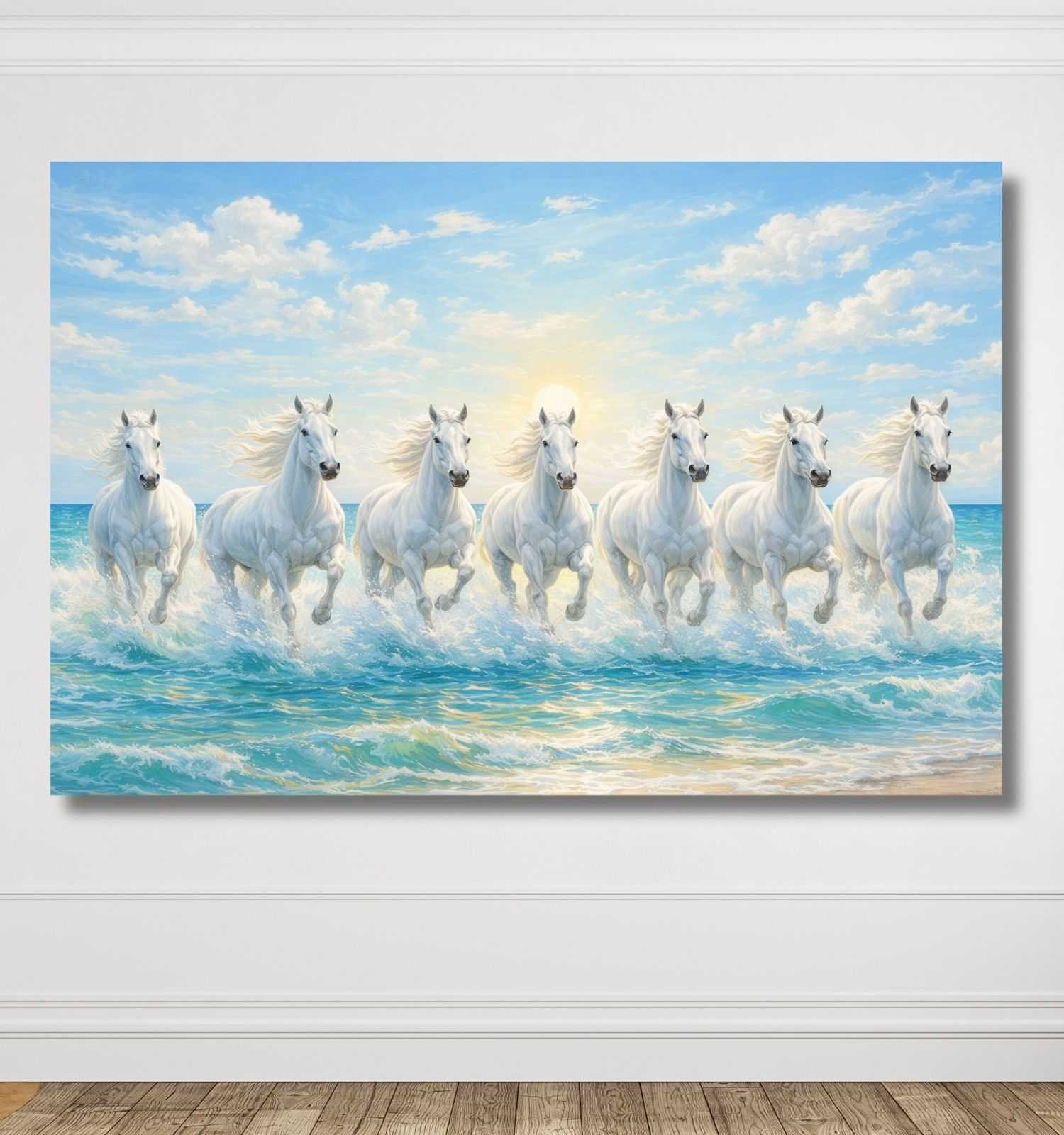 KunjCart White 7 Running Horses Painting with Ocean Waves & Shining Sunrise Sky, 7 Horses Vastu Painting Canvas Wall Art