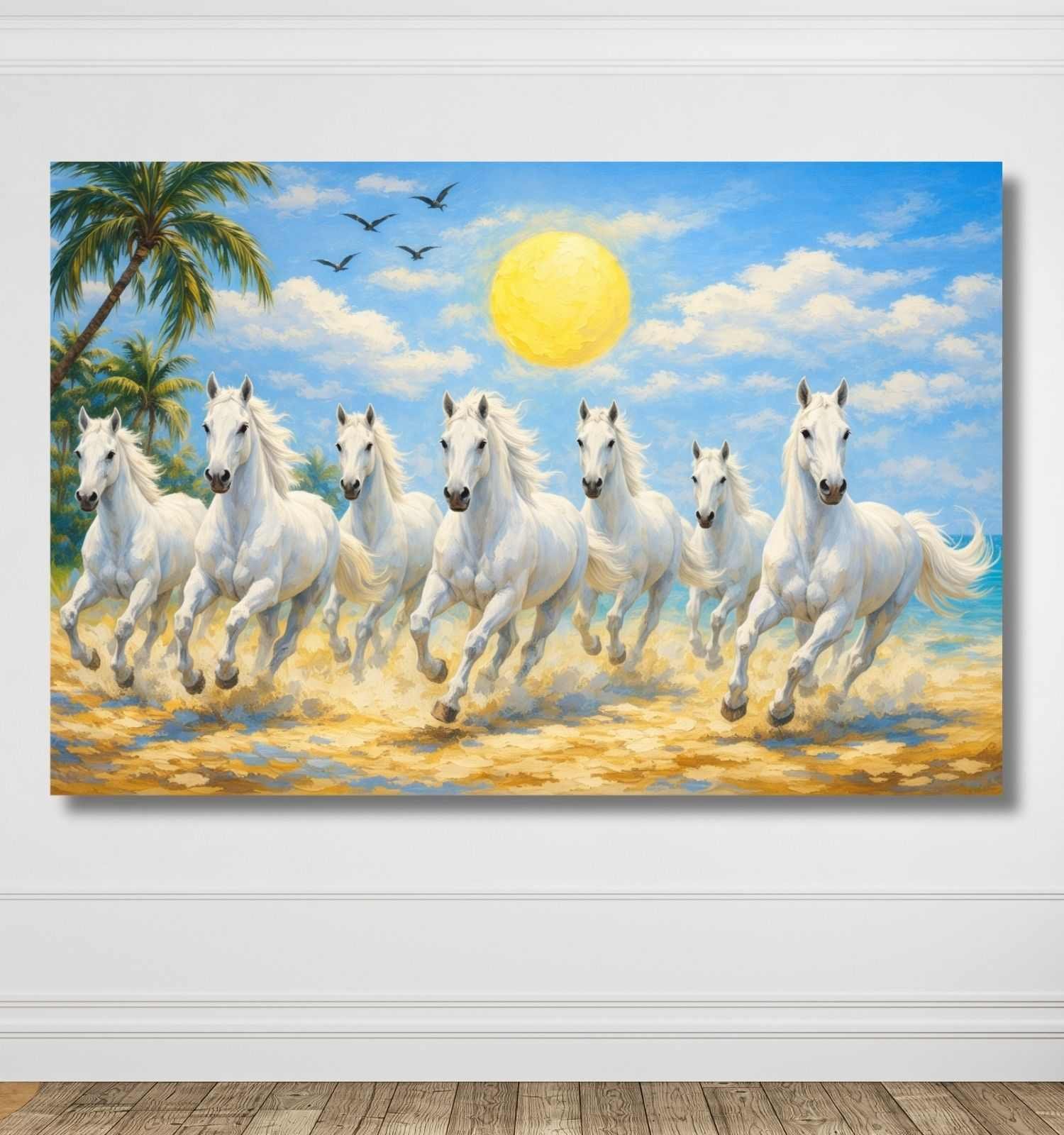 KunjCart White 7 Running Horses Painting with Tropical Beach, Palm Tree & Shining Sun, 7 Horses Vastu Painting Canvas Wall Art