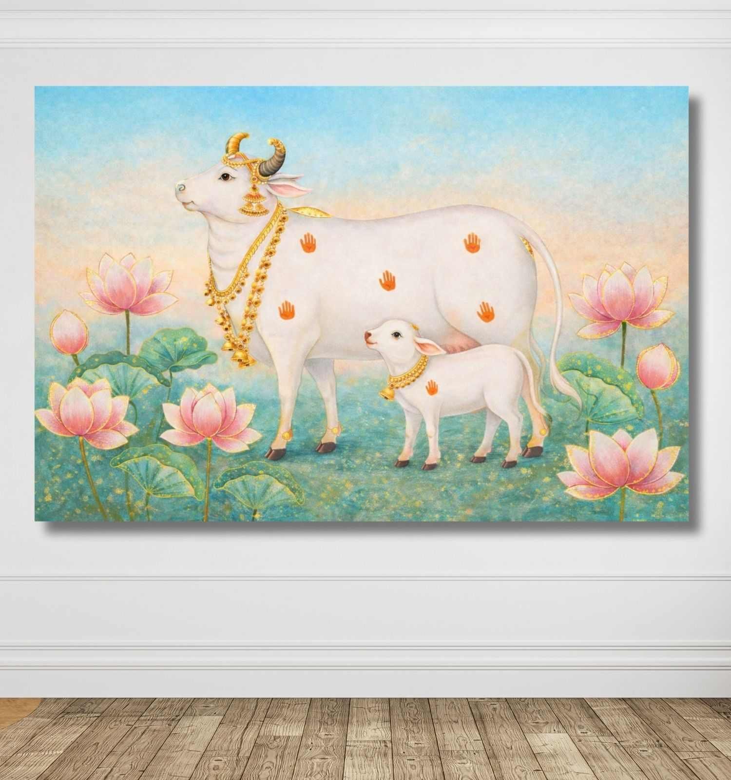 Kamdhenu Cow Painting Vastu with Calf & Lotus Flowers Blue Background | Kamdhenu Cow Painting | Cow Painting for Wall Decoration – KunjCart