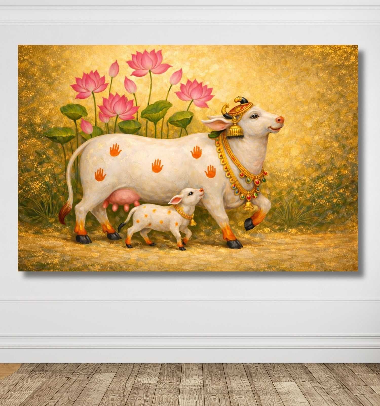 Kamdhenu Cow Painting Vastu with Calf & Lotus Flowers Golden Background | Kamdhenu Cow Painting | Cow Painting for Wall Decoration – KunjCart