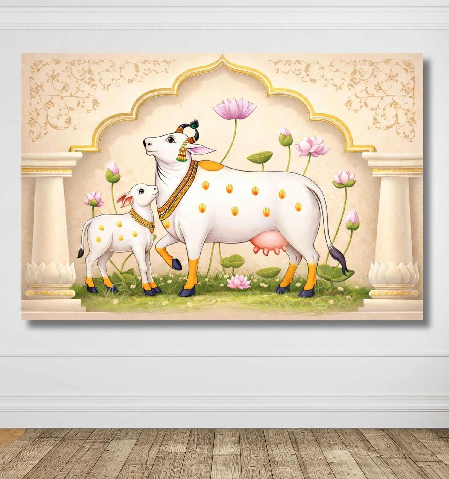 Kamdhenu Cow Painting Vastu with Calf Lotus Temple Arch | Kamdhenu Cow Painting | Cow Painting for Wall Decoration – KunjCart