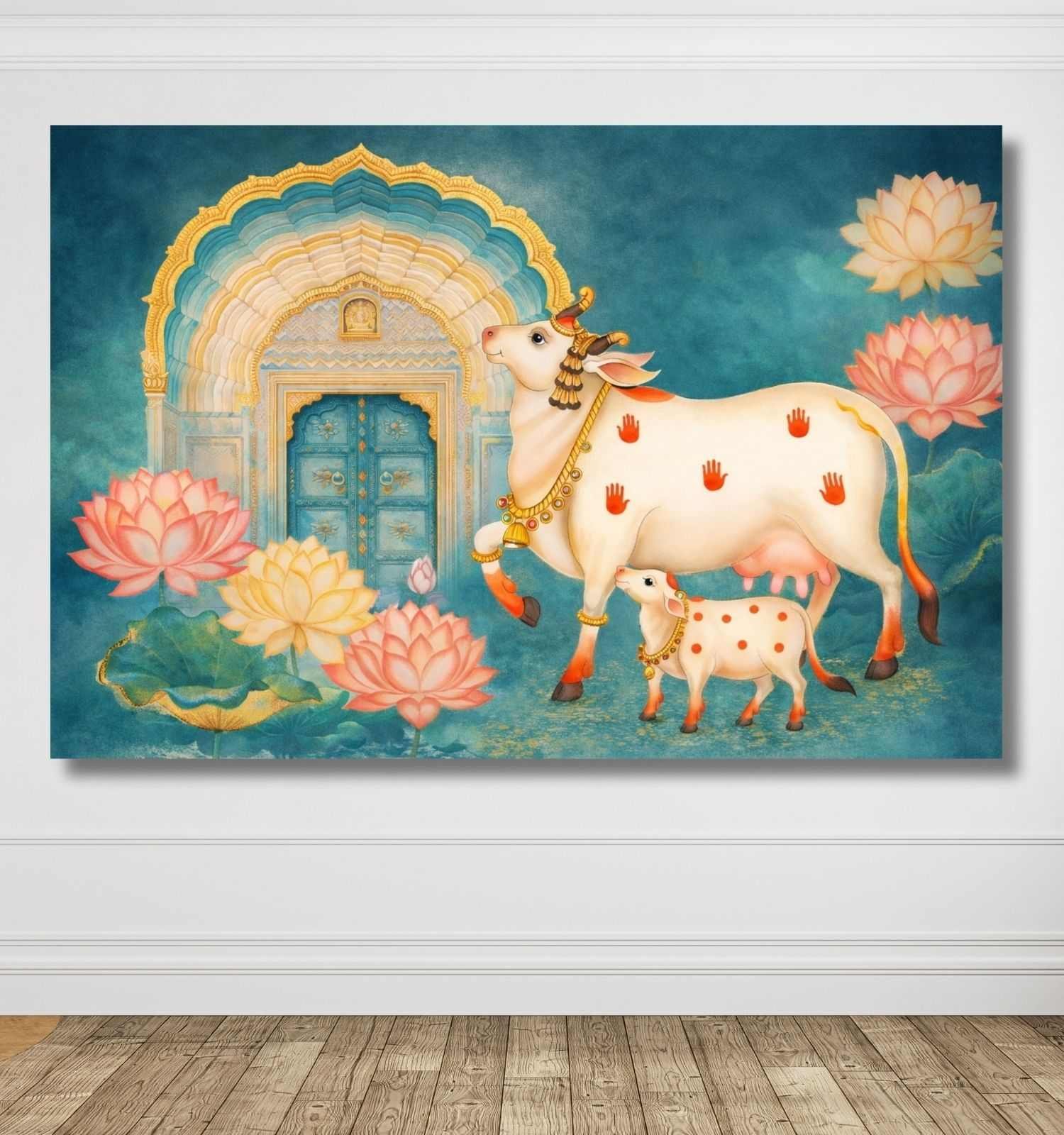 KUNJ CART Kamdhenu Cow Painting Vastu with Calf Lotus Temple Background | Kamdhenu Cow Painting | Cow Painting for Wall Decoration