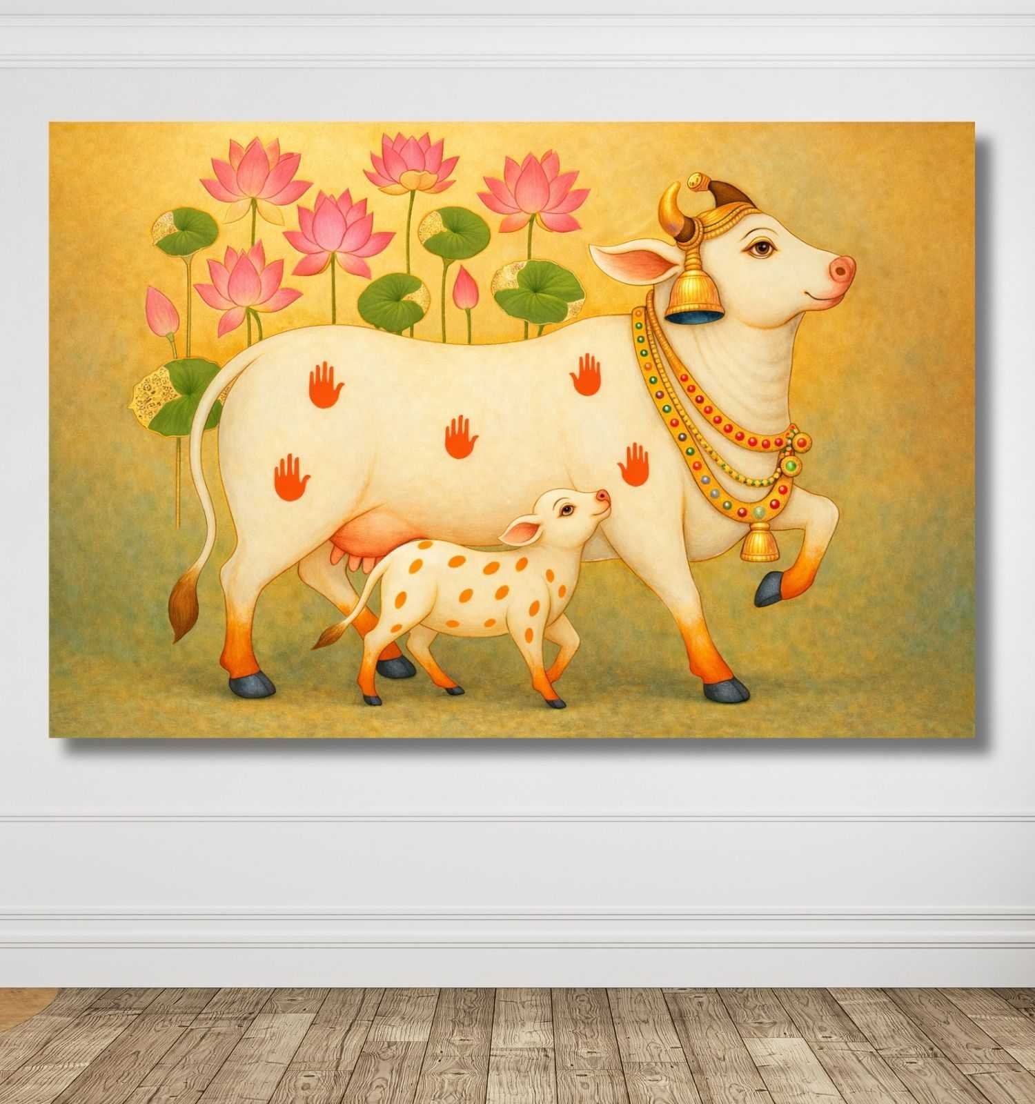 KUNJ CART Kamdhenu Cow Painting Vastu with Calf Lotus Background | Kamdhenu Cow Painting | Cow Painting for Wall Decoration