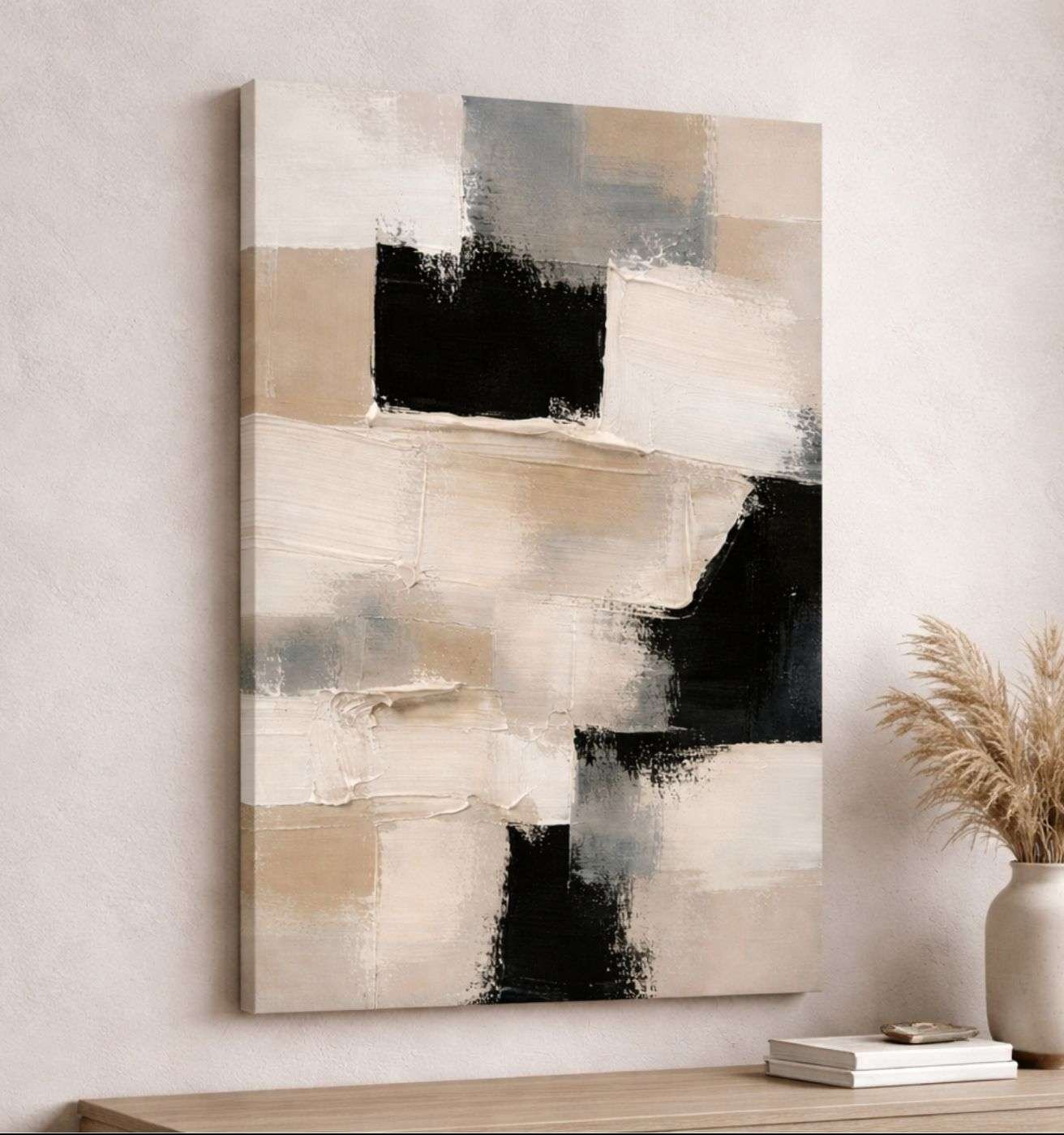 Modern Art Canvas Painting Beige Black Abstract Texture Wall Art | Modern Painting For Living Room & Modern Abstract Canvas Painting by KunjCart