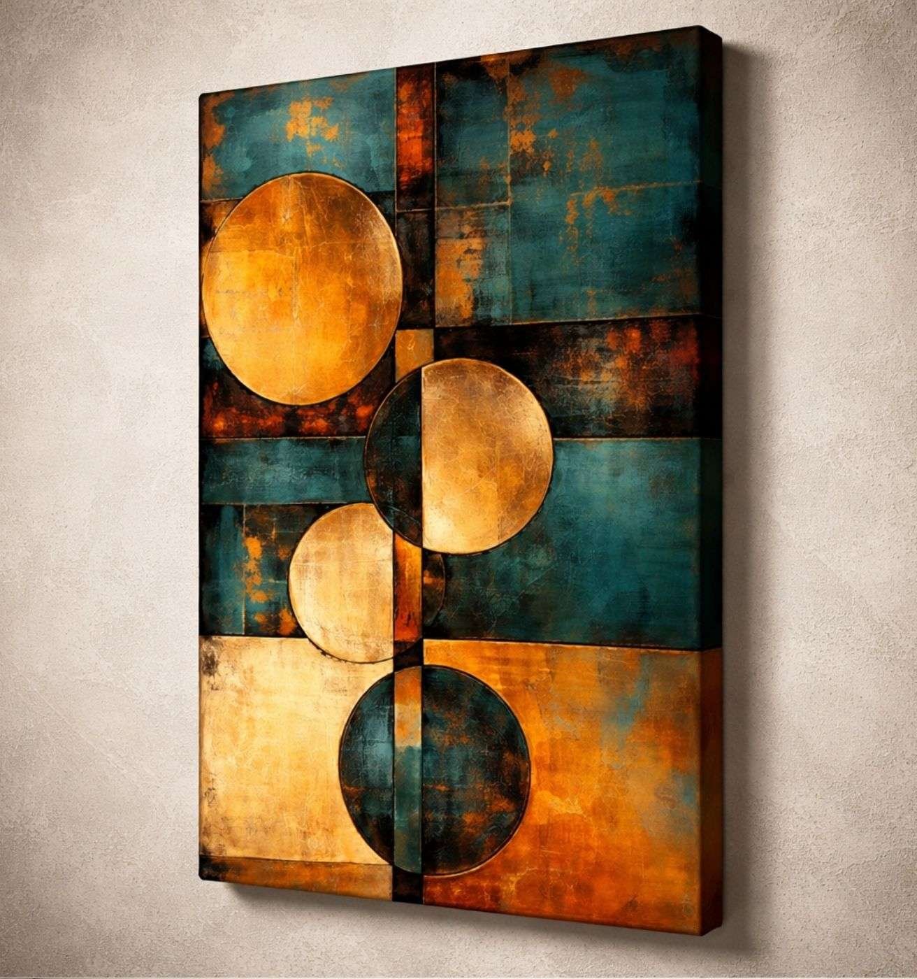 Modern Art Canvas Painting – Geometric Golden Circles Abstract Design Wall Decor | Modern Abstract Canvas Painting for Living Room by KunjCart
