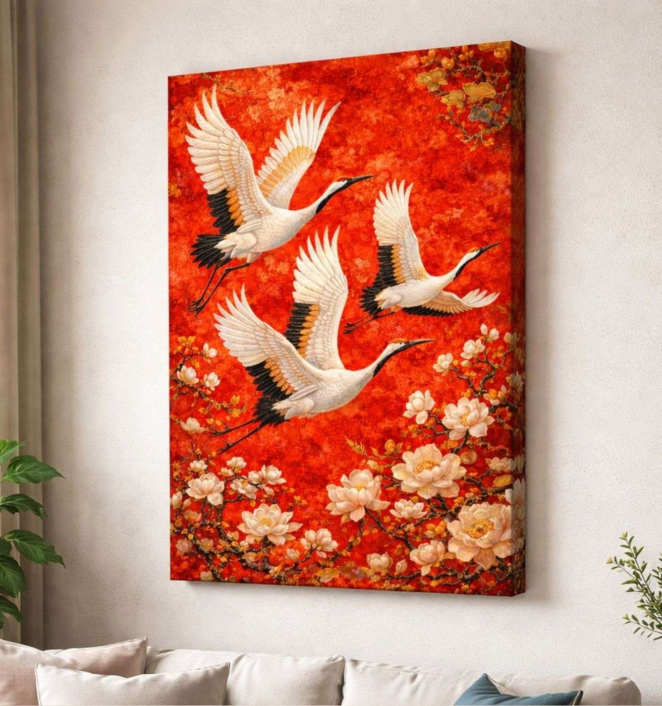 Flying Crane Bird Floral Modern Wall Art Canvas Painting | Modern Painting For Living Room & Modern Art Painting For Bedroom by KunjCart