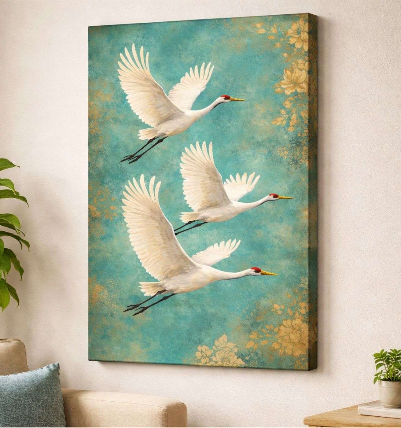 Flying Crane Bird Modern Art Canvas Painting  For Home Wall Art | Modern Painting For Living Room & Modern Art Painting For Bedroom by KunjCart