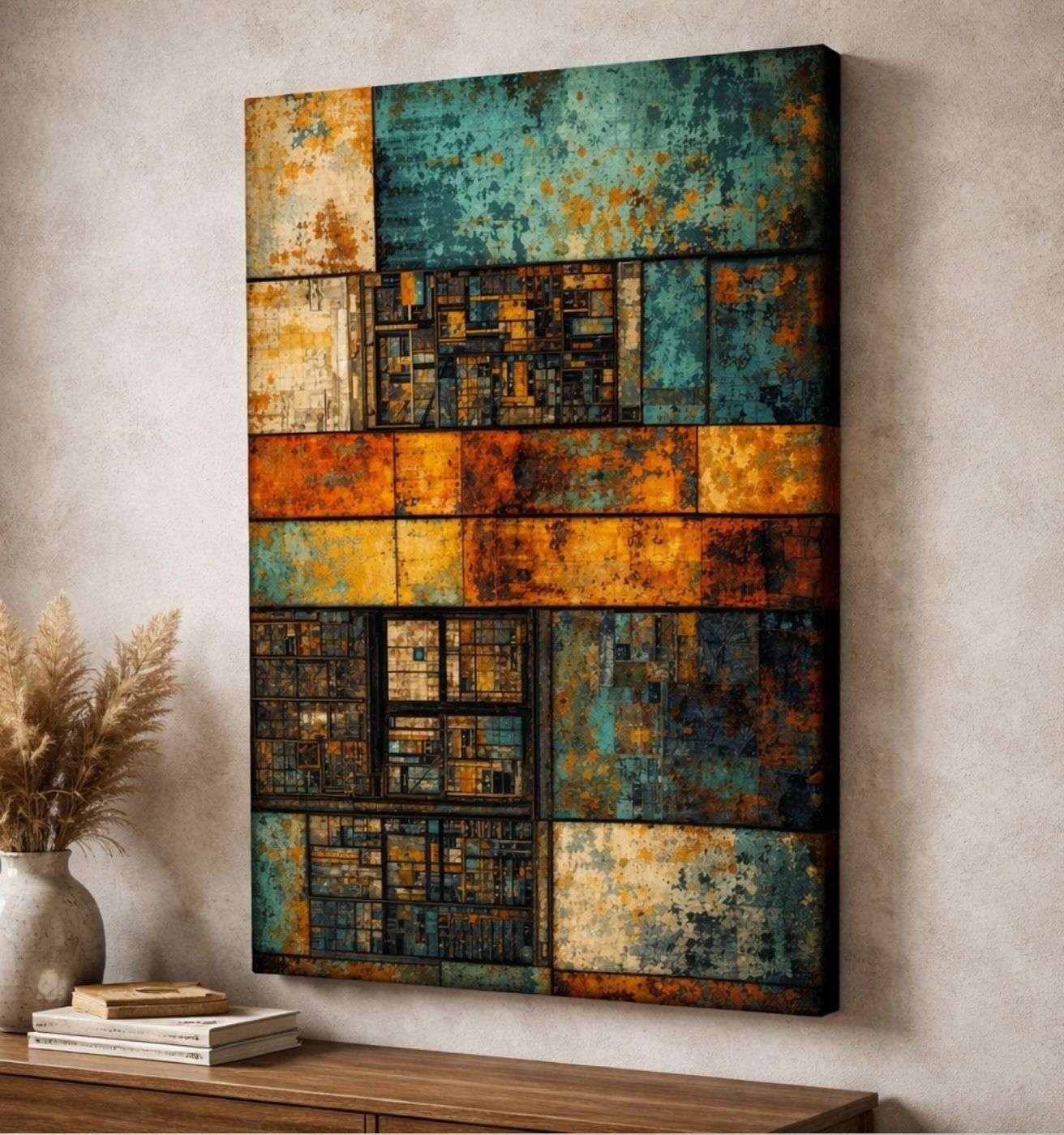 Modern Art Canvas Painting Geometric Abstract Blocks Wall Art | Modern Abstract Canvas Painting & Modern Painting For Living Room by KunjCart