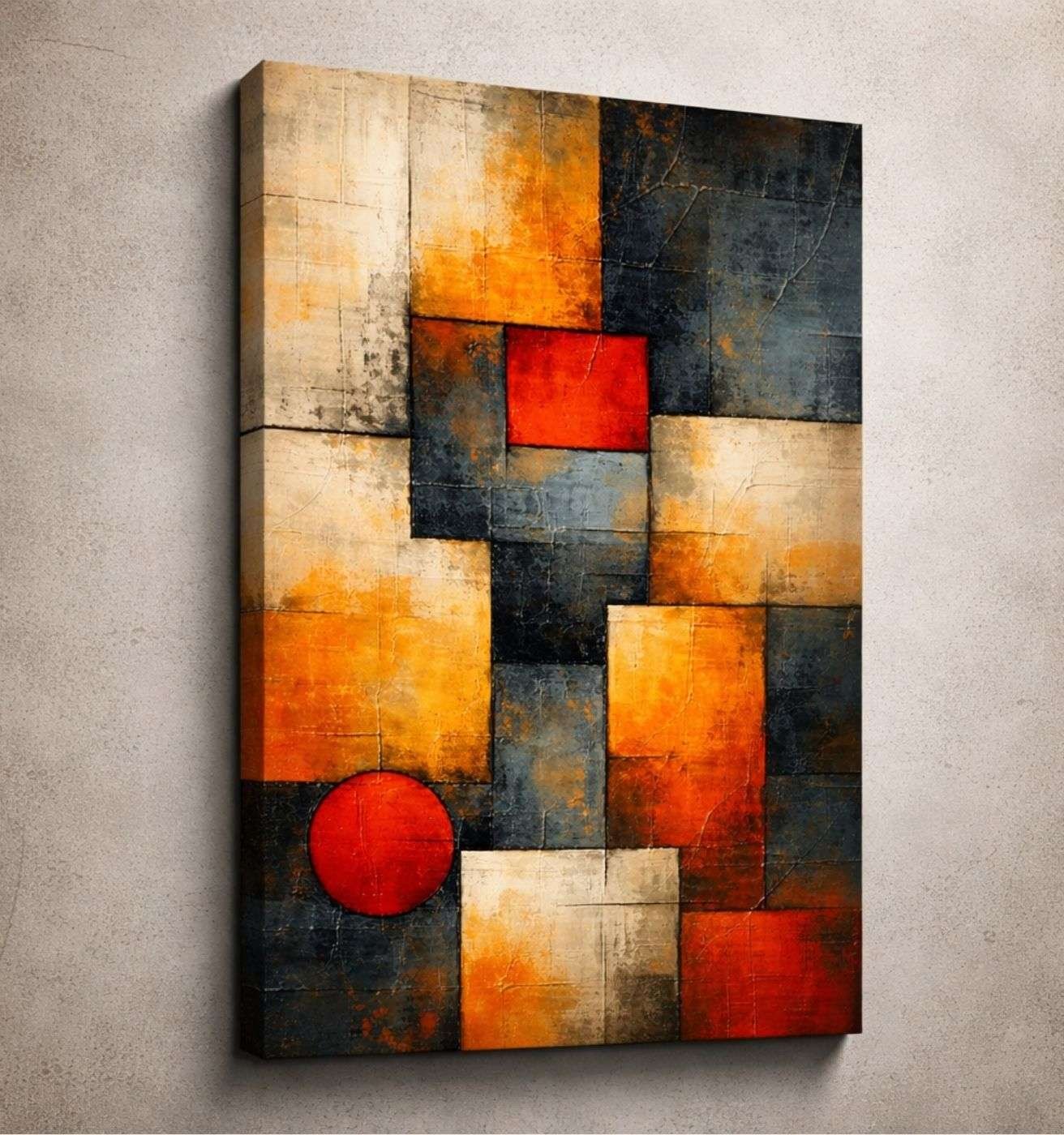 Modern Art Canvas Painting Geometric Abstract Blocks with Red Circle | Modern Abstract Canvas Painting & Modern Painting For Living Room by KunjCart
