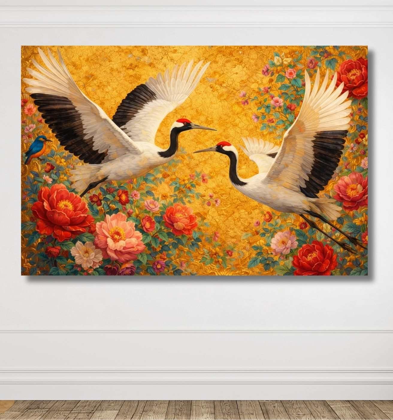 Flying Crane Birds Floral Artwork Modern Wall Painting – Modern Art Canvas Painting | KunjCart