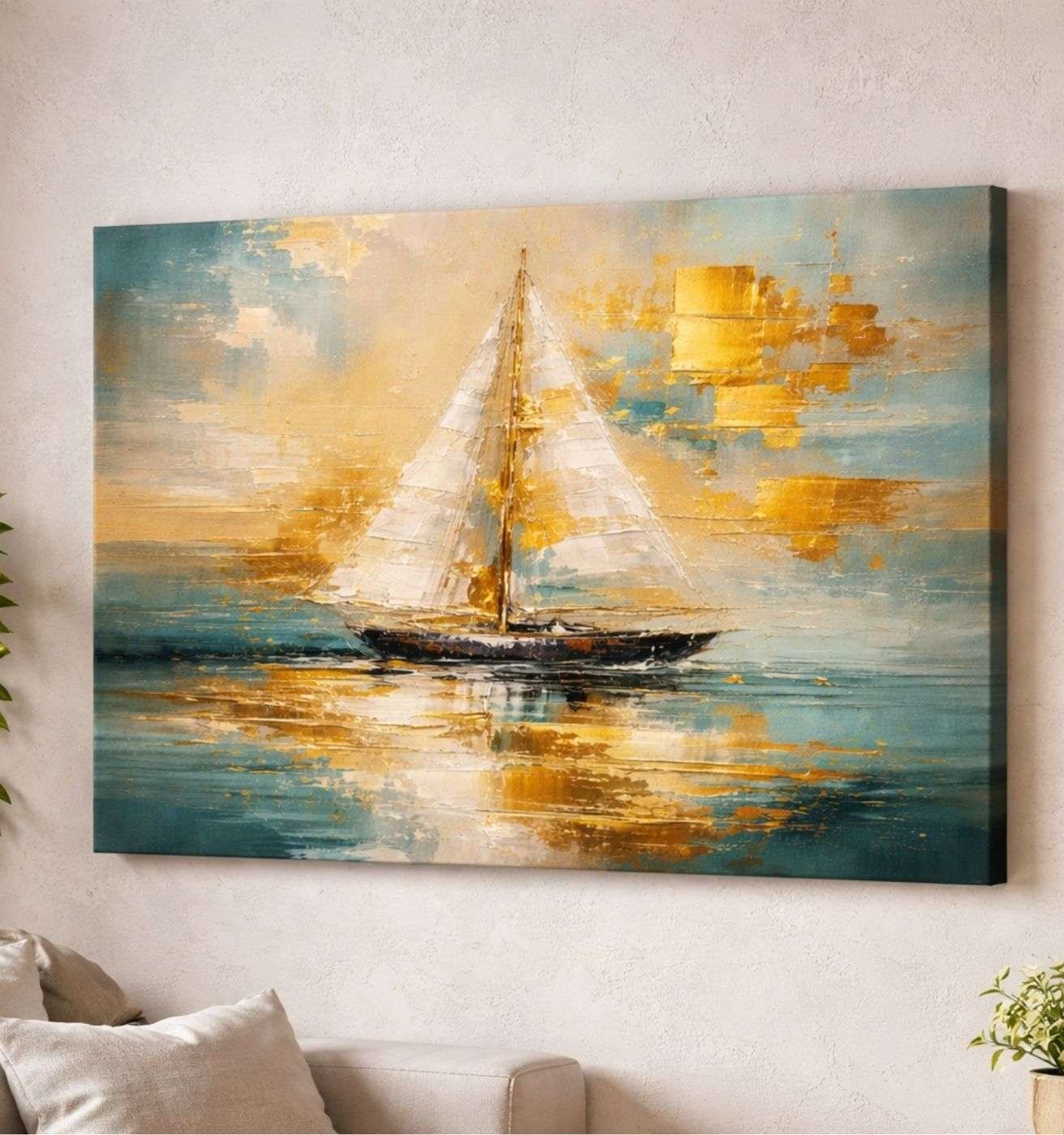 Sailing Boat Sunset Artwork Modern Art Canvas Wall Painting – Modern Abstract Canvas Painting | KunjCart