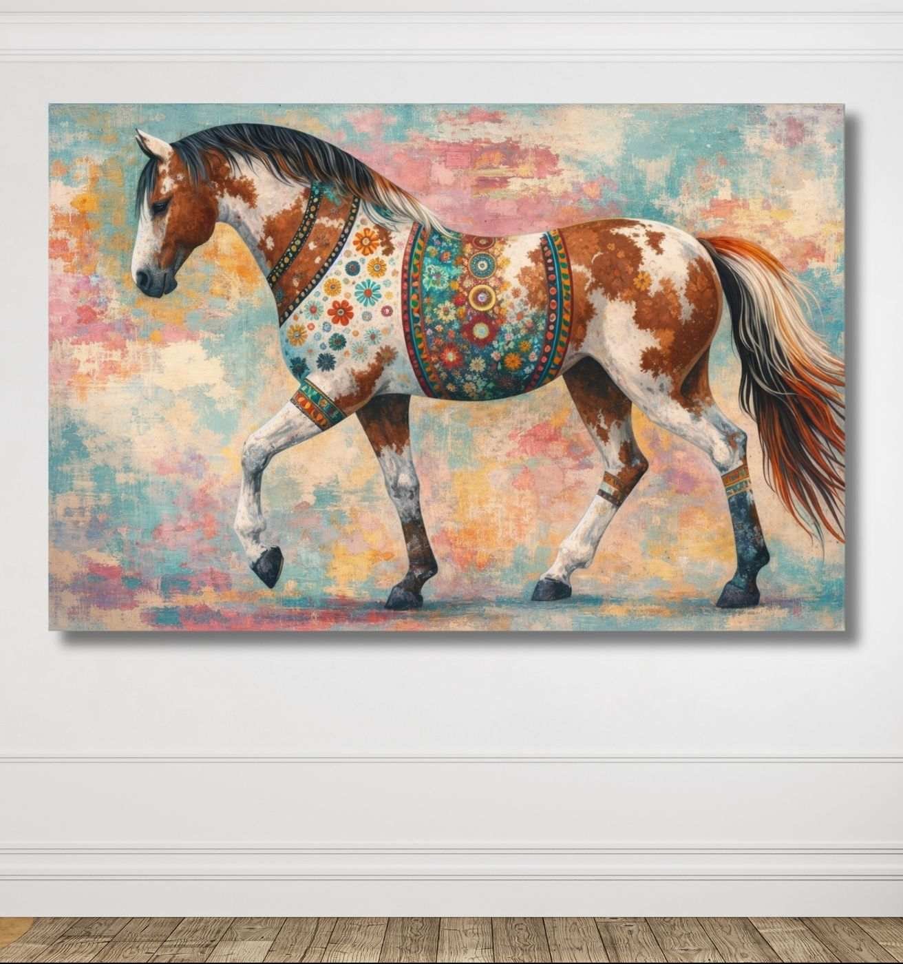Colorful Floral Horse Modern Artwork Canvas Wall Painting For Living Room, Bedroom and Home Decor – Modern Art Canvas Painting | KunjCart