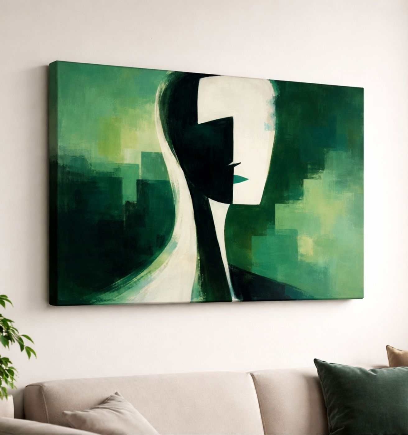 Abstract Woman Face Green Modern Art Canvas Wall Painting For Living Room  – Modern Abstract Canvas Painting | KunjCart