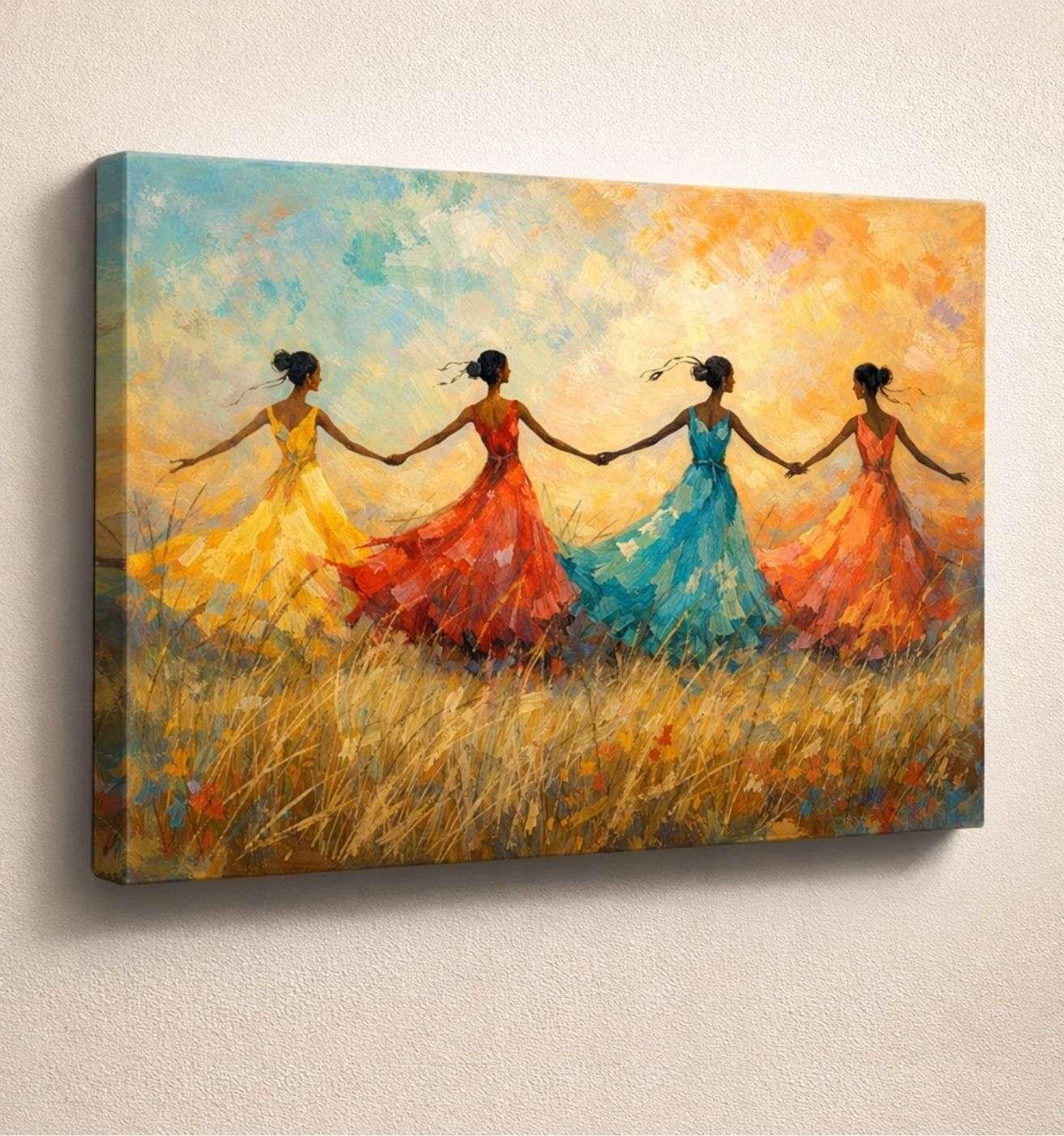 Modern Art Canvas Wall Painting For Living Room | Dancing Women Sunset Field Artwork – Colorful Modern Art Canvas Painting | KunjCart