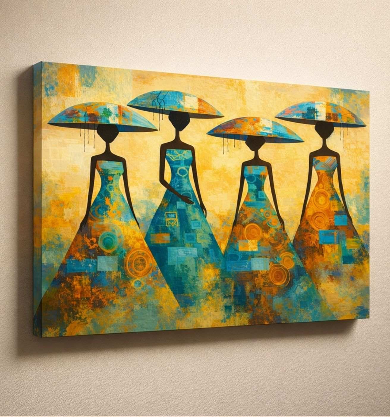 African Women Umbrella Modern Artwork Canvas Wall Painting – Colorful Modern Art Canvas Painting | KunjCart